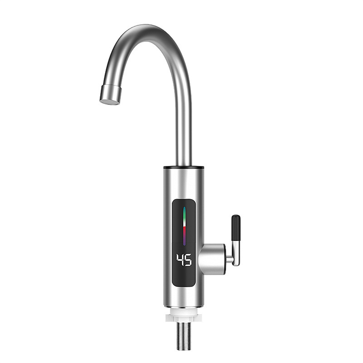 Silberner Wasserhahn mit Digitalanzeige 45. Gebogener Auslauf, schwarzer Griff. Weißer Hintergrund.