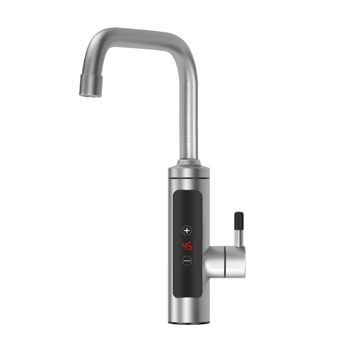 Silberner Wasserhahn mit Digitalanzeige der Wassertemperatur. Der Hintergrund ist weiß.