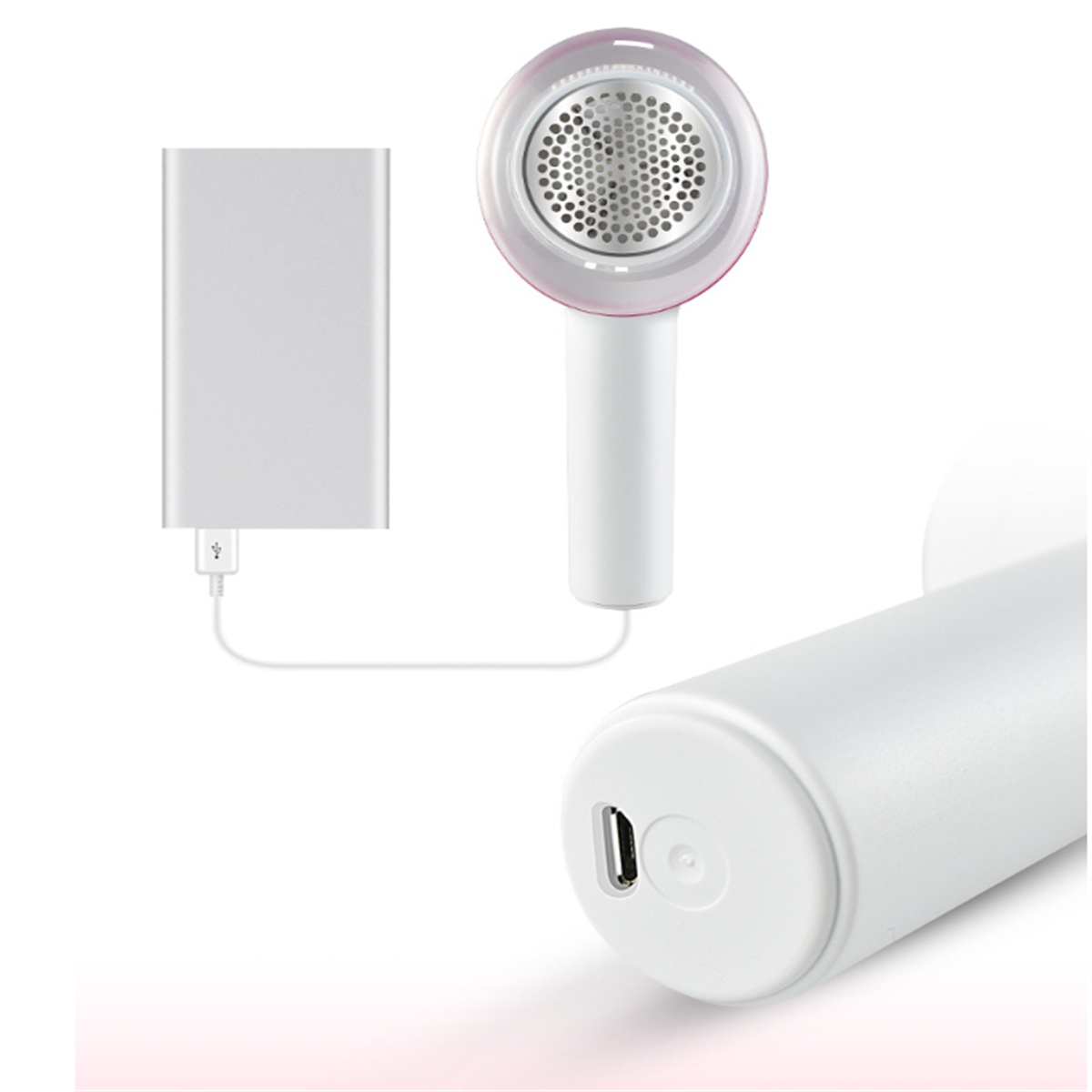 Weißer Fusselentferner mit Powerbank und USB-Kabel, freigestellt auf weißem Hintergrund.