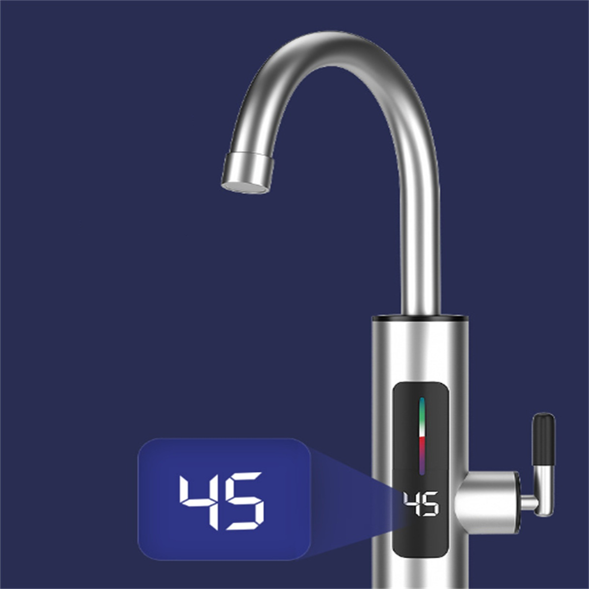 Silberner Wasserhahn mit digitaler Temperaturanzeige, die 45 anzeigt. Blauer Hintergrund.