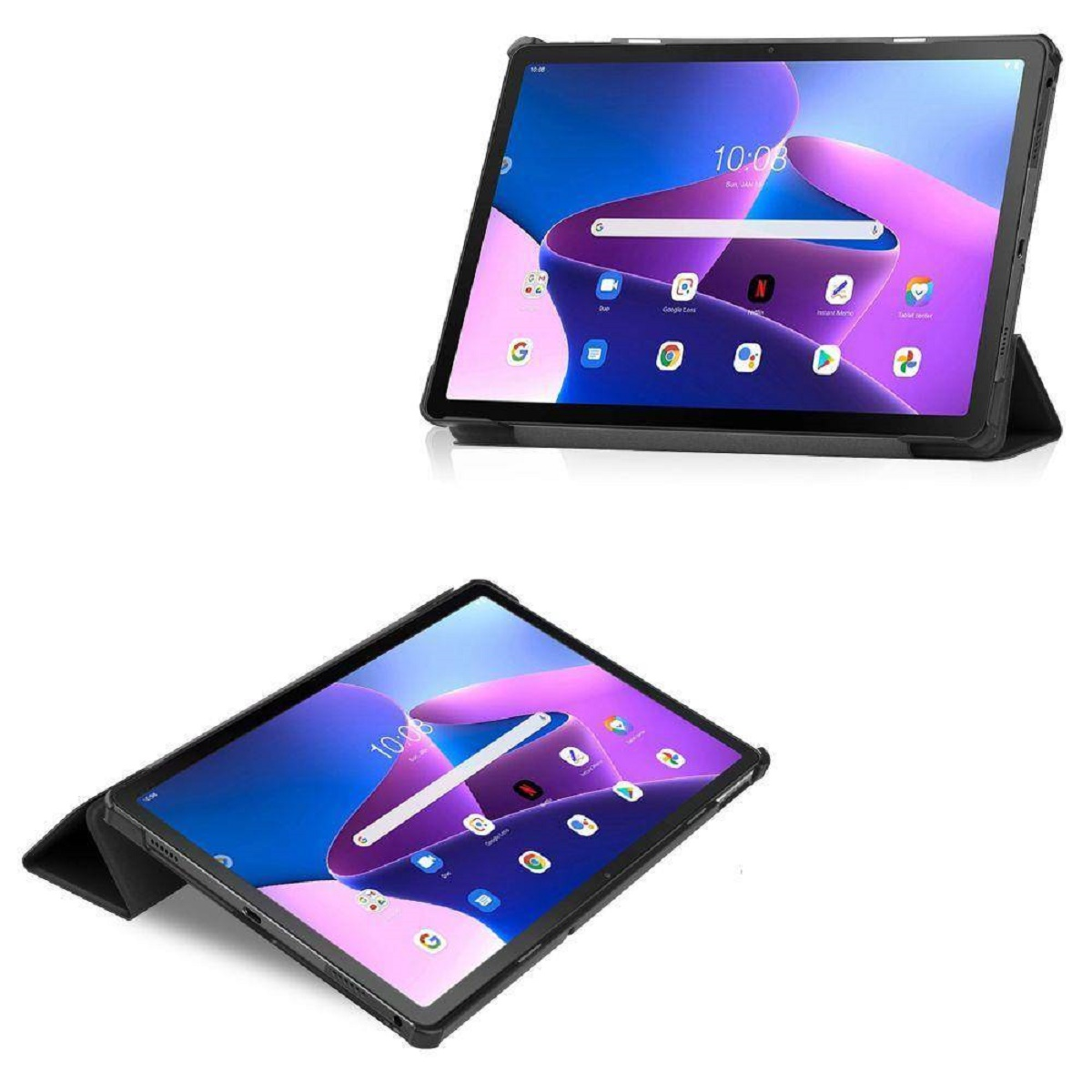 Zwei Tablets in einer Hülle, eines geöffnet mit Apps, eines geschlossen.