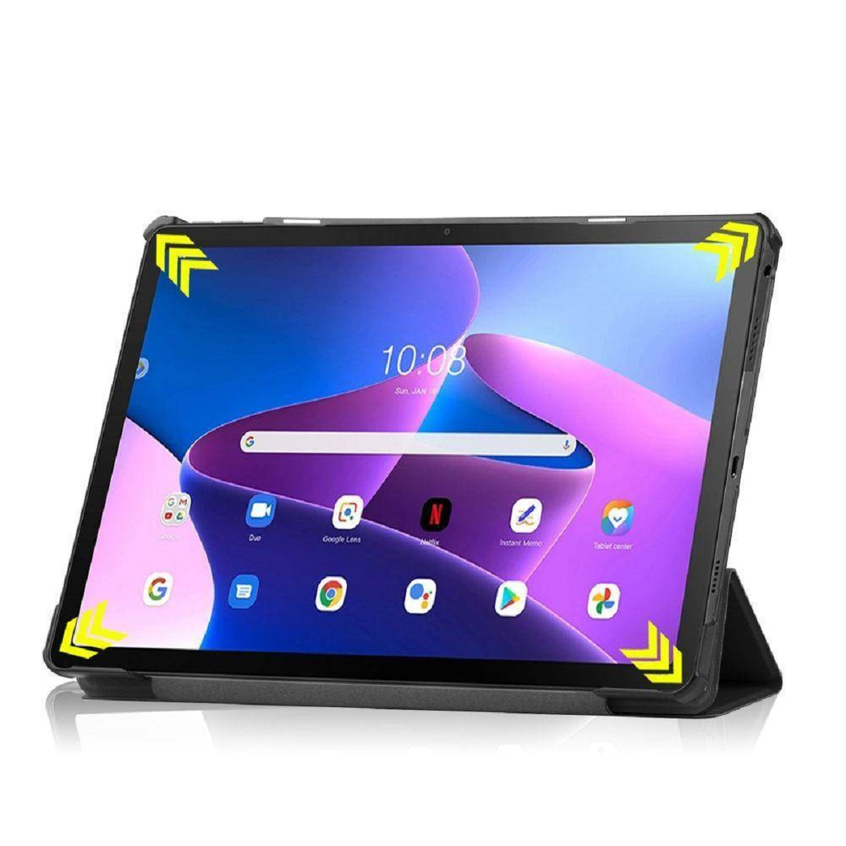 Tablet auf schwarzer Hülle, Display zeigt Apps und Uhrzeit. Der Bildschirm ist blau und lila.