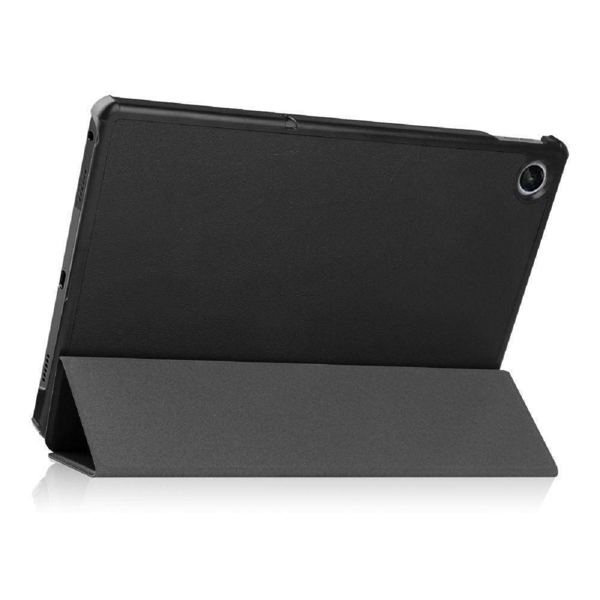 Eine schwarze Tablettasche mit einem Ständer. Das Tablet befindet sich in der Hülle.