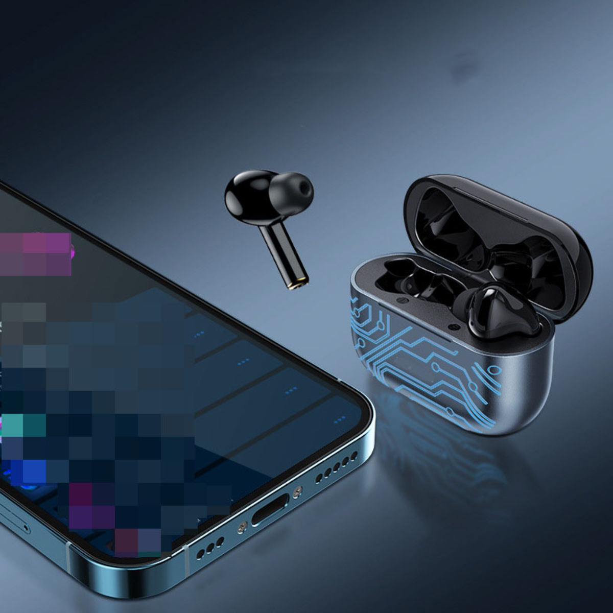 Ohrhörer neben Telefon und Ladecase. Technologie-Hintergrund.