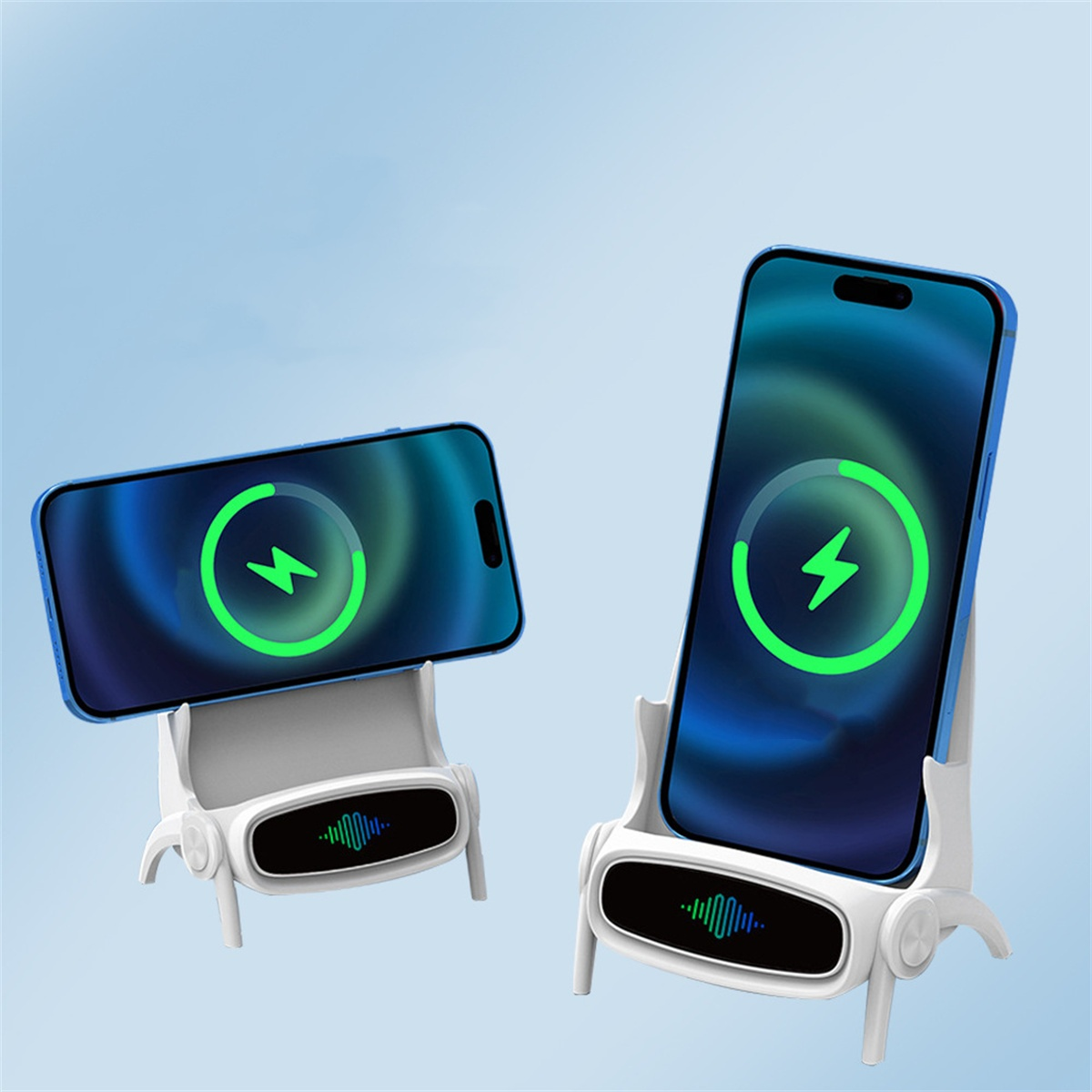 Zwei Telefone auf Ladestationen. Ein Telefon ist horizontal, das andere vertikal. Beide zeigen ein Ladelogo.