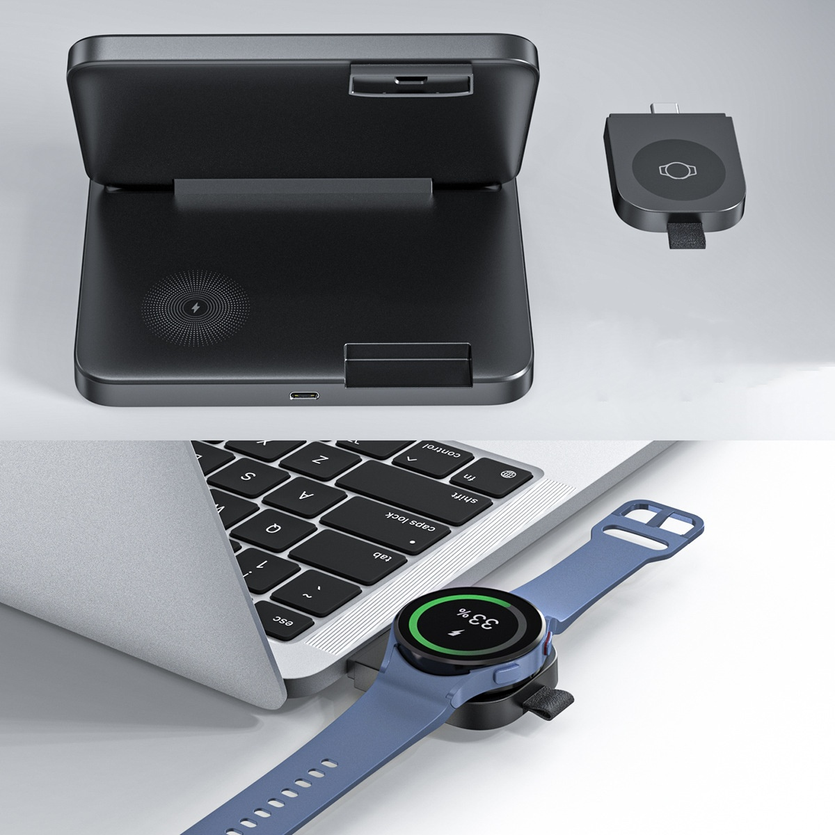 Eine Ladestation, ein Ladegerät und eine Smartwatch sind auf einem Tisch abgebildet.