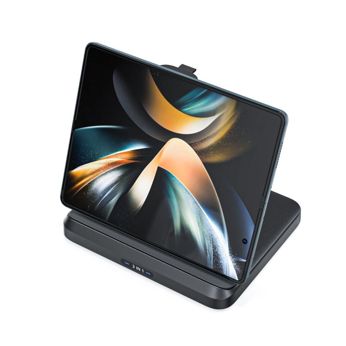 Tablet auf einer Ladestation. Das Tablet ist gefaltet und vertikal dargestellt.