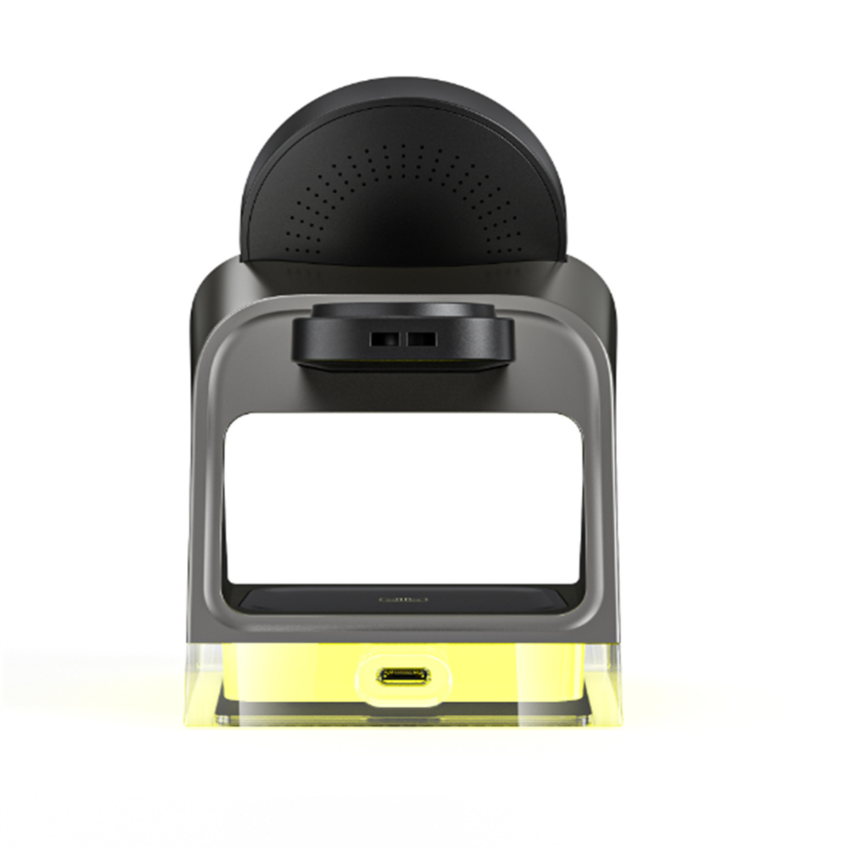Kabellose Ladestation. Schwarz und grau, mit gelbem Sockel und USB-Anschluss.