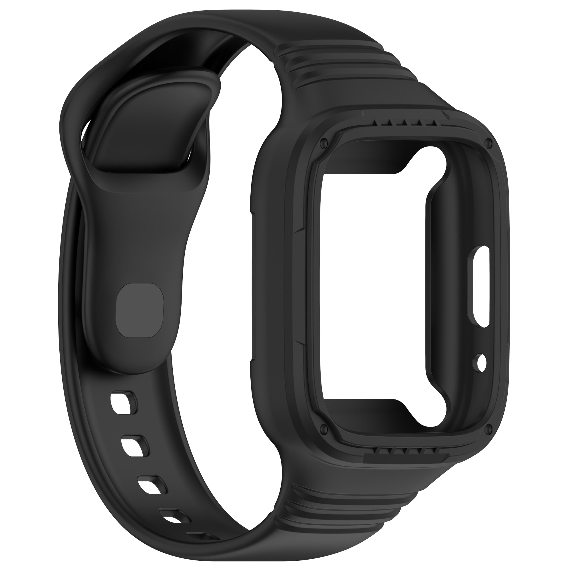 Schwarzes Uhrengehäuse mit Armband. Es ist eine Schutzhülle für eine Smartwatch.