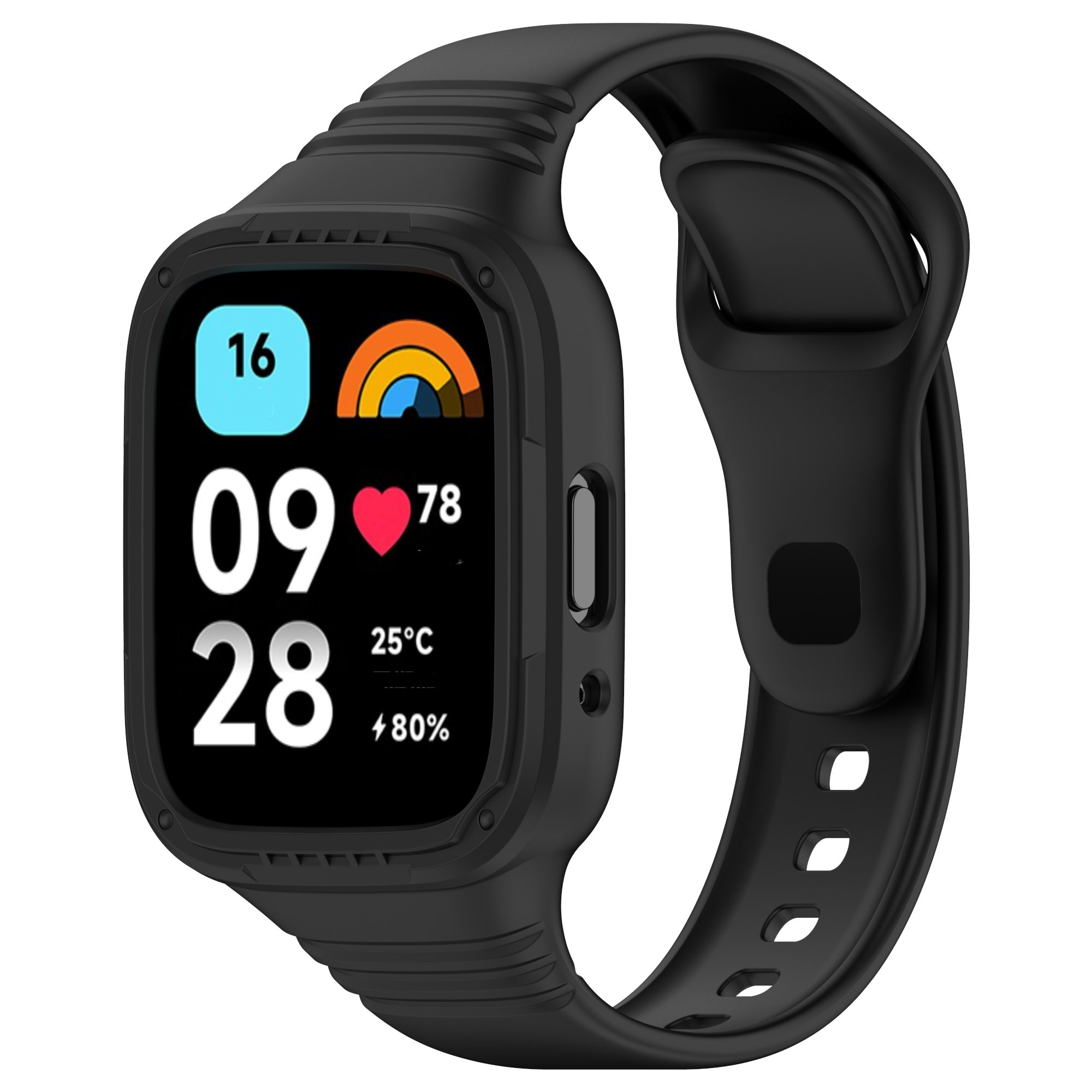 Schwarze Smartwatch, die Datum, Uhrzeit, Temperatur und Akkuladestand anzeigt.