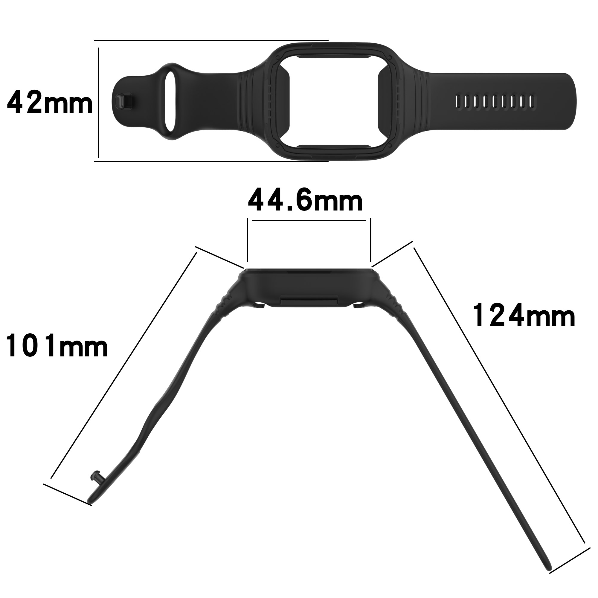 Schwarzes Uhrenarmband. Maße: 42mm, 44,6mm, 101mm und 124mm.