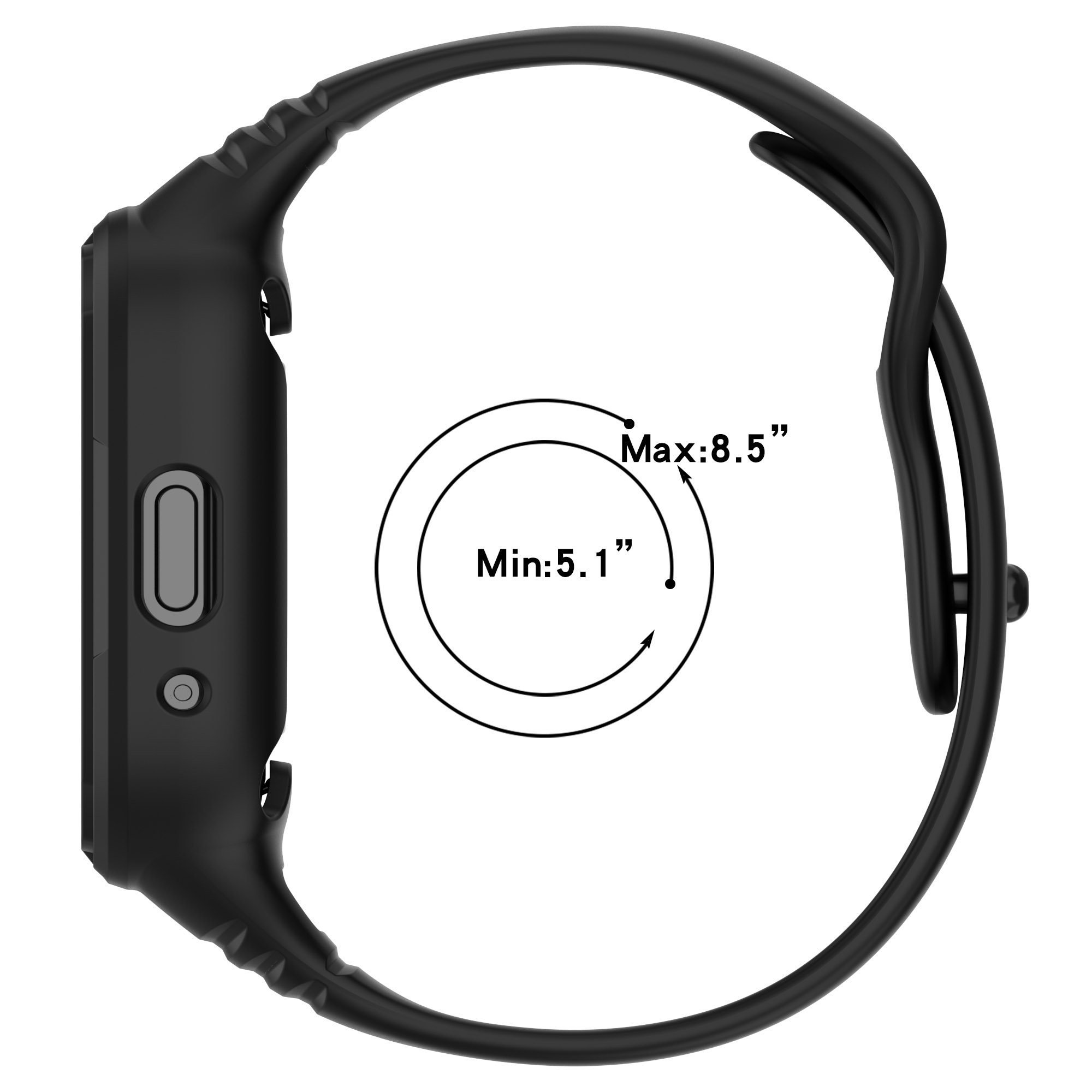 Eine schwarze Smartwatch mit schwarzem Armband, Seitenansicht, Abmessungen angegeben.