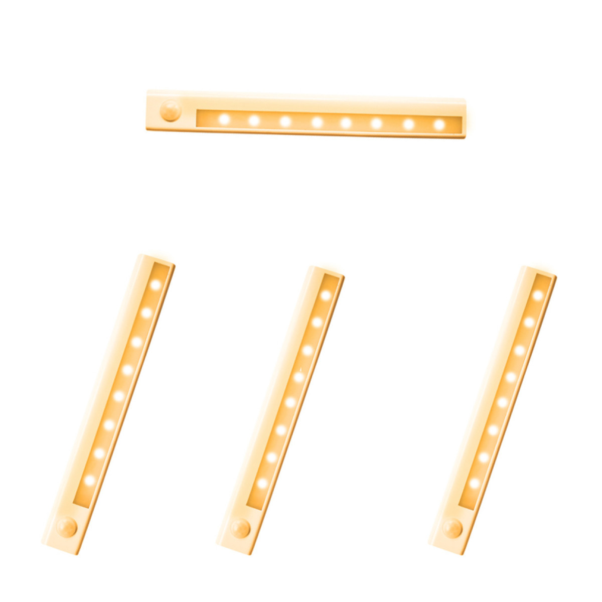 LED-Lichtleisten, beige. Eine oben, drei unten. Jede mit mehreren warmweißen Lichtern.