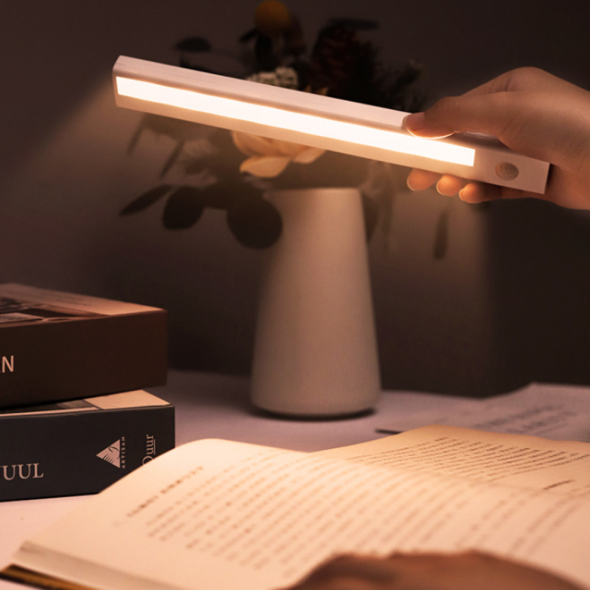 Ein weißes LED-Licht wird über einem Buch gehalten. Im Hintergrund sind Bücher und eine Vase.