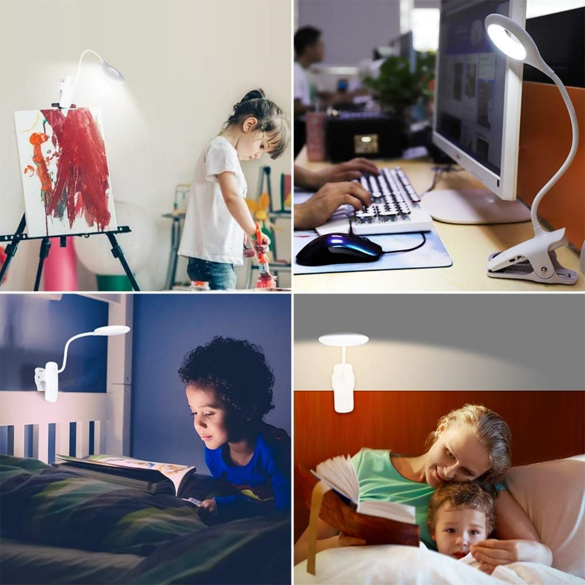 Vier Bilder, die eine flexible LED-Lampe bei der Nutzung zum Lesen und Zeichnen zeigen.