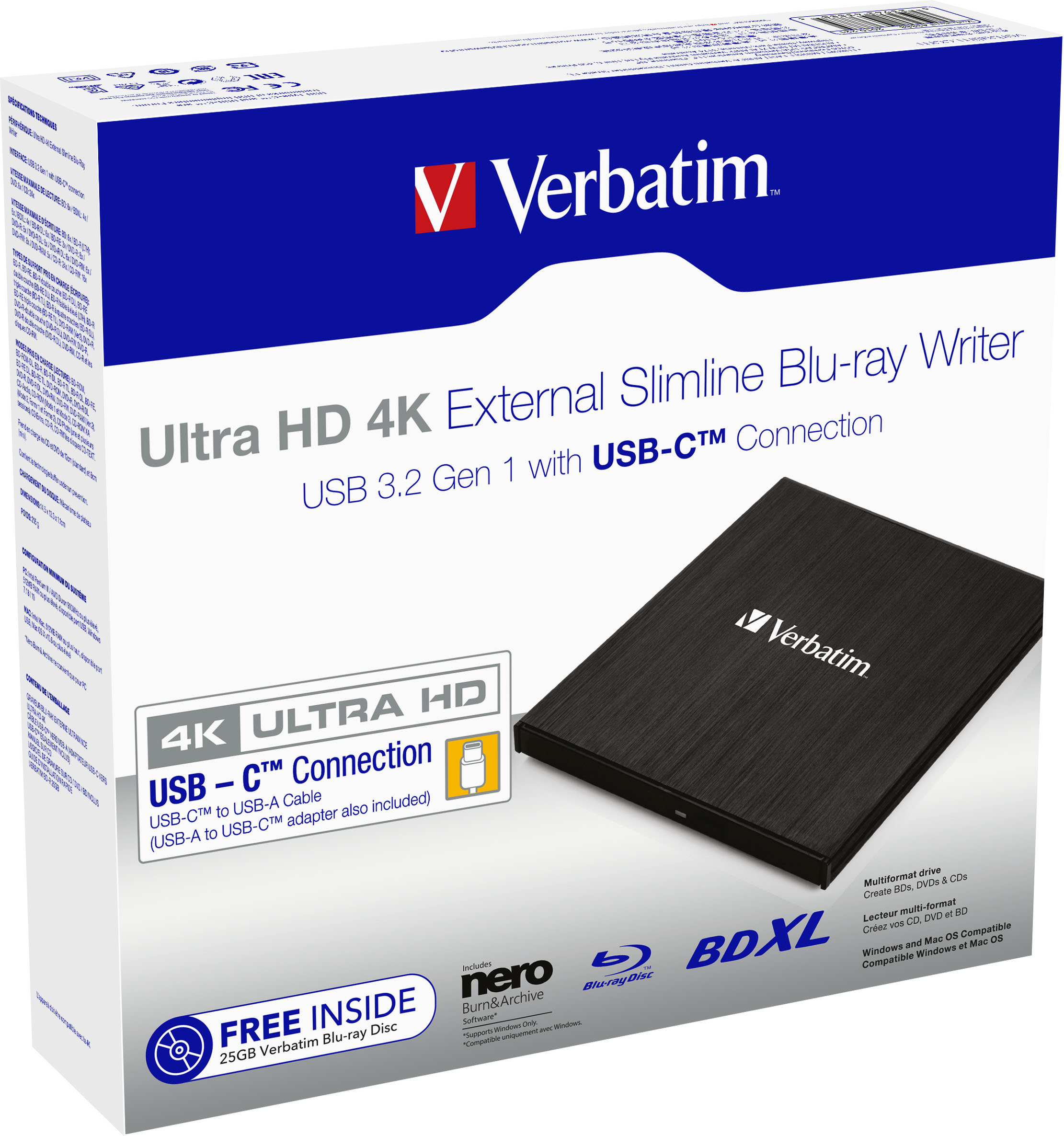 Pudełko Verbatim Ultra HD Blu-ray Writer. Posiada złącze USB-C i dysk Blu-ray.