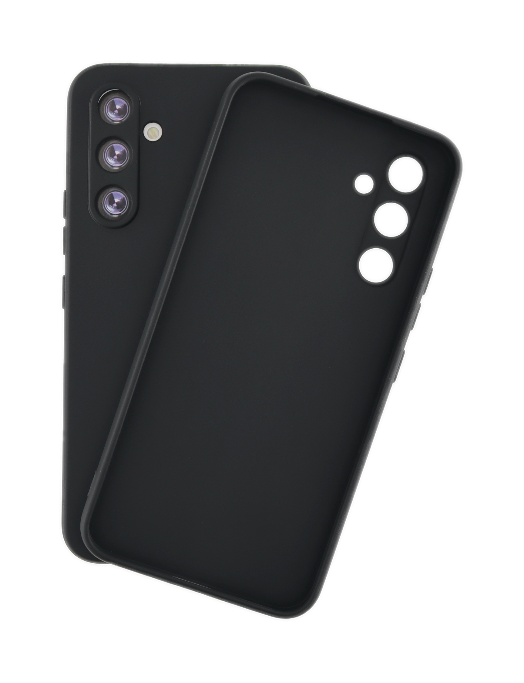 Zwei schwarze Telefonhüllen. Die vordere Hülle ist nach oben gerichtet, die hintere ist geneigt.