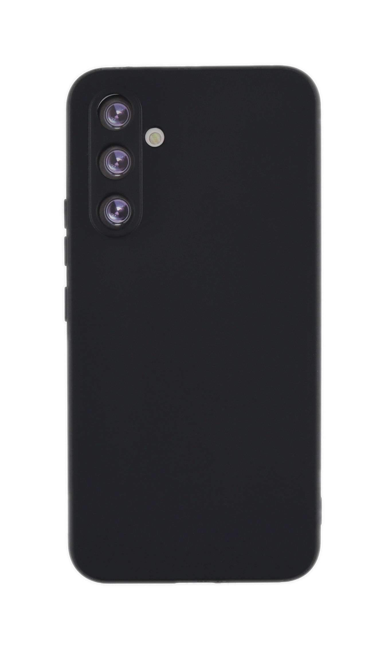 Ein schwarzes Smartphone mit Dreifach-Kamera auf der Rückseite.