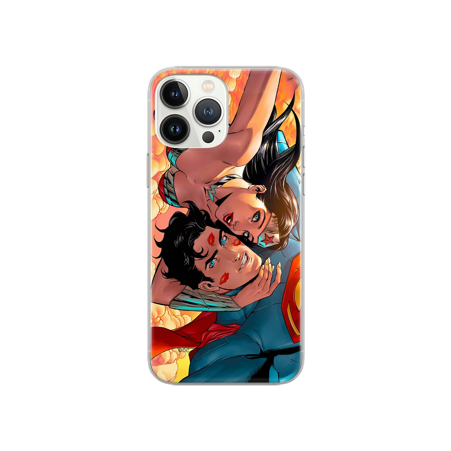 Superman e Wonder Woman su una custodia per telefono. Superman abbraccia Wonder Woman. Sono davanti a un cielo arancione.