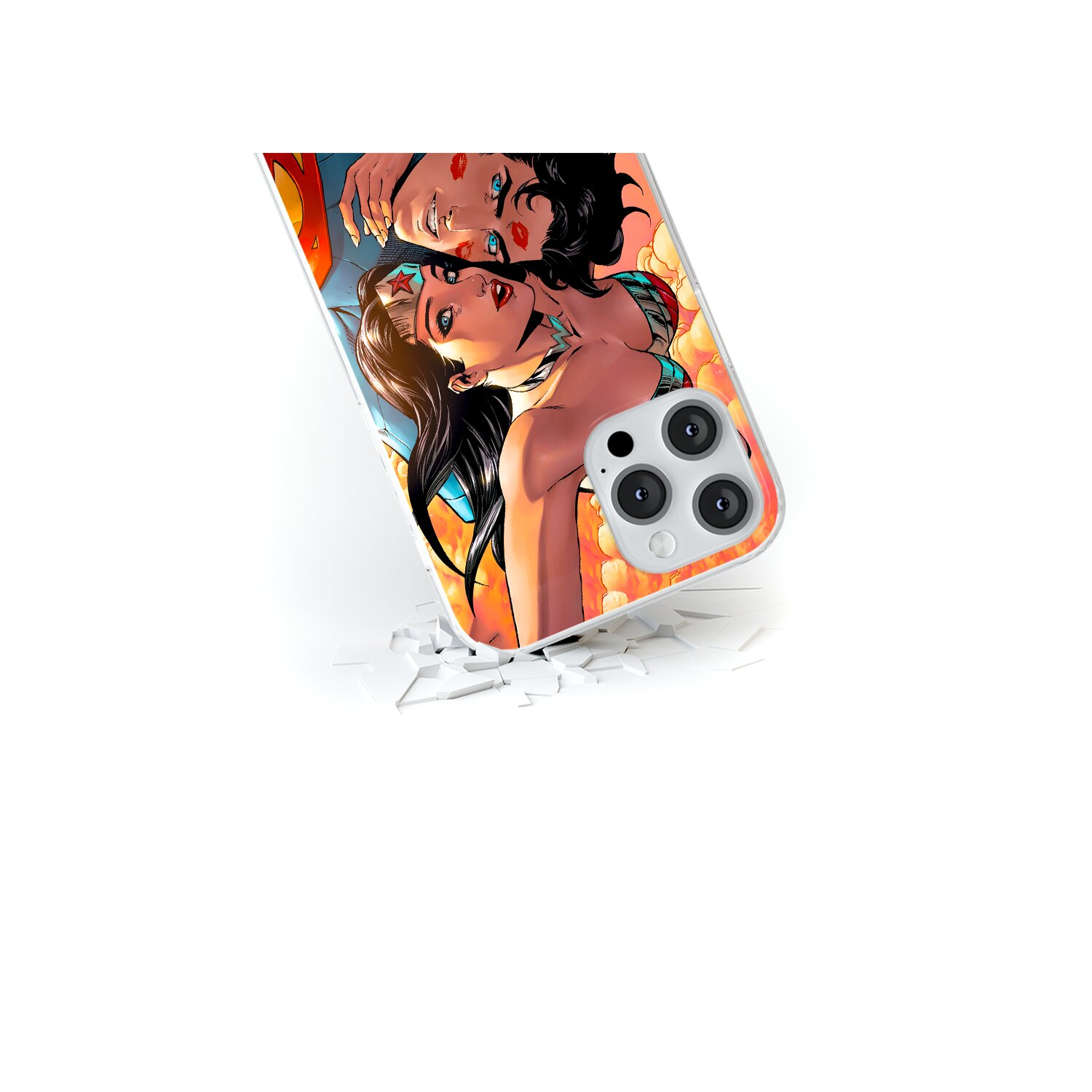 Custodia per telefono con immagine a fumetti di Wonder Woman, superficie incrinata sotto.