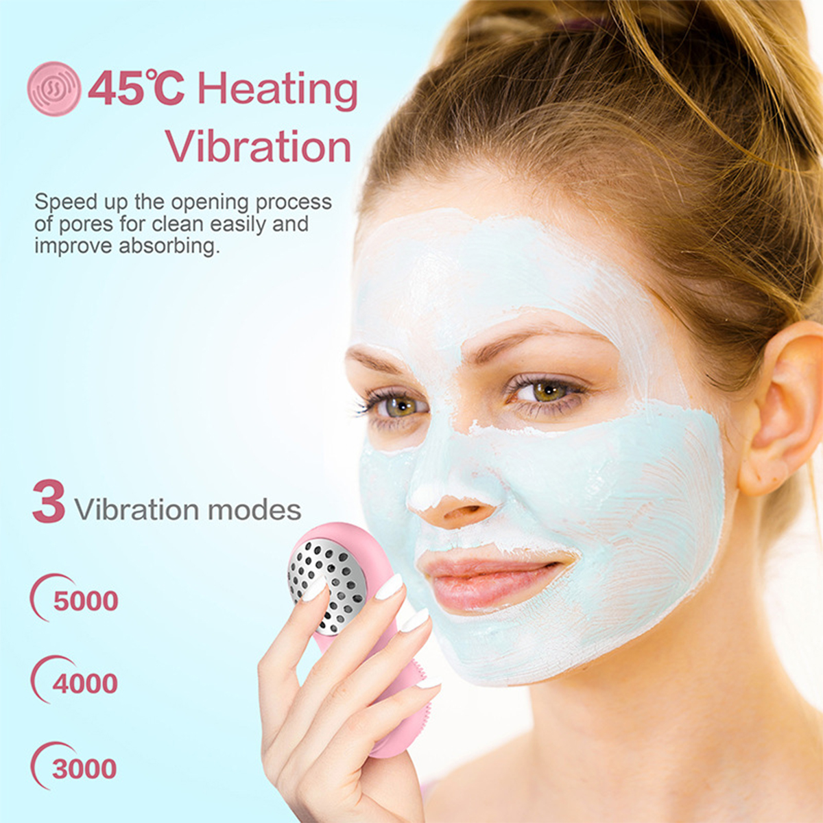 Eine Frau mit Gesichtsmaske benutzt ein rosa Gesichtsmassagegerät. Text: Heizvibration, 3 Vibrationsmodi.