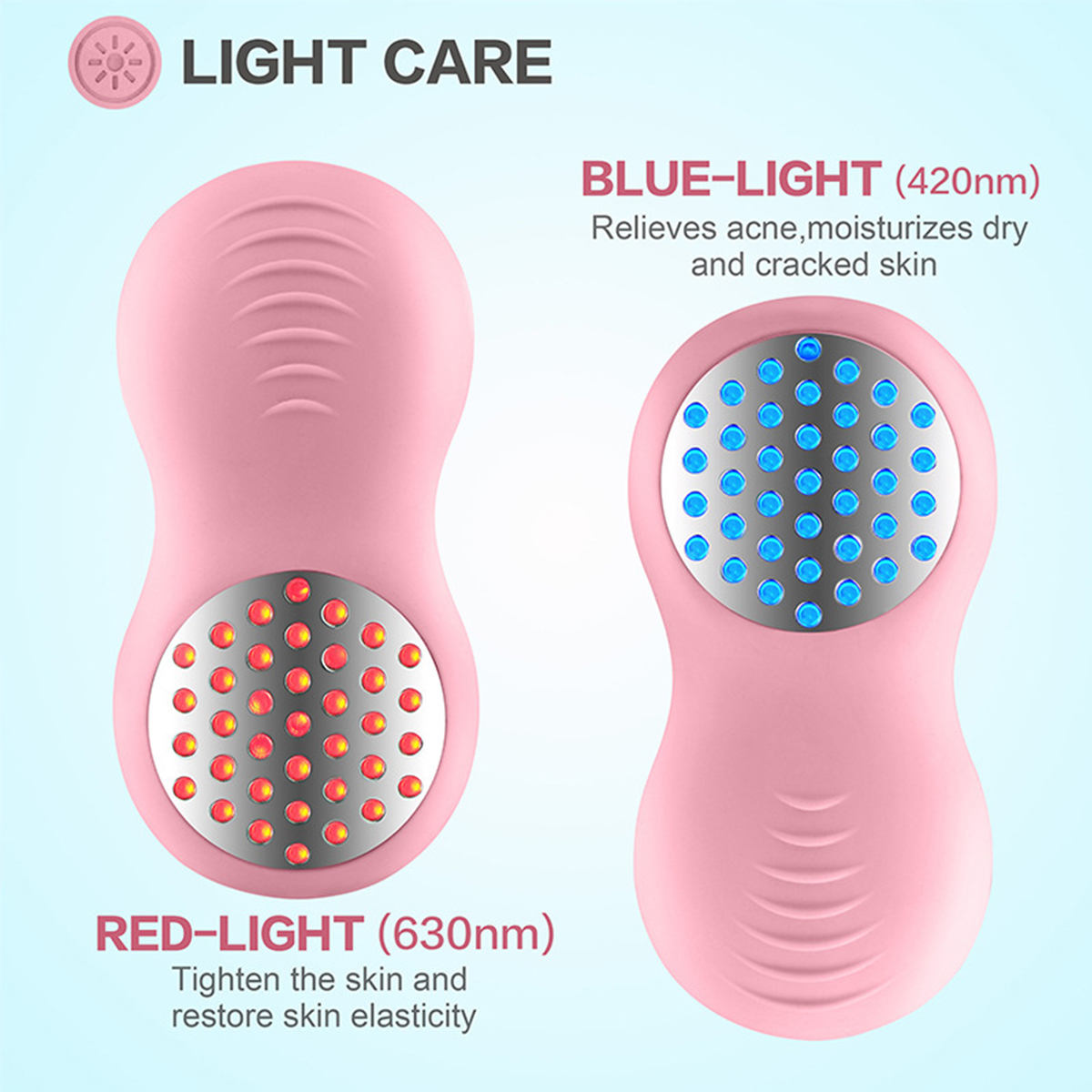 Ein pinkfarbenes Lichttherapiegerät. Es hat rote und blaue Lichtindikatoren für die Hautpflege.