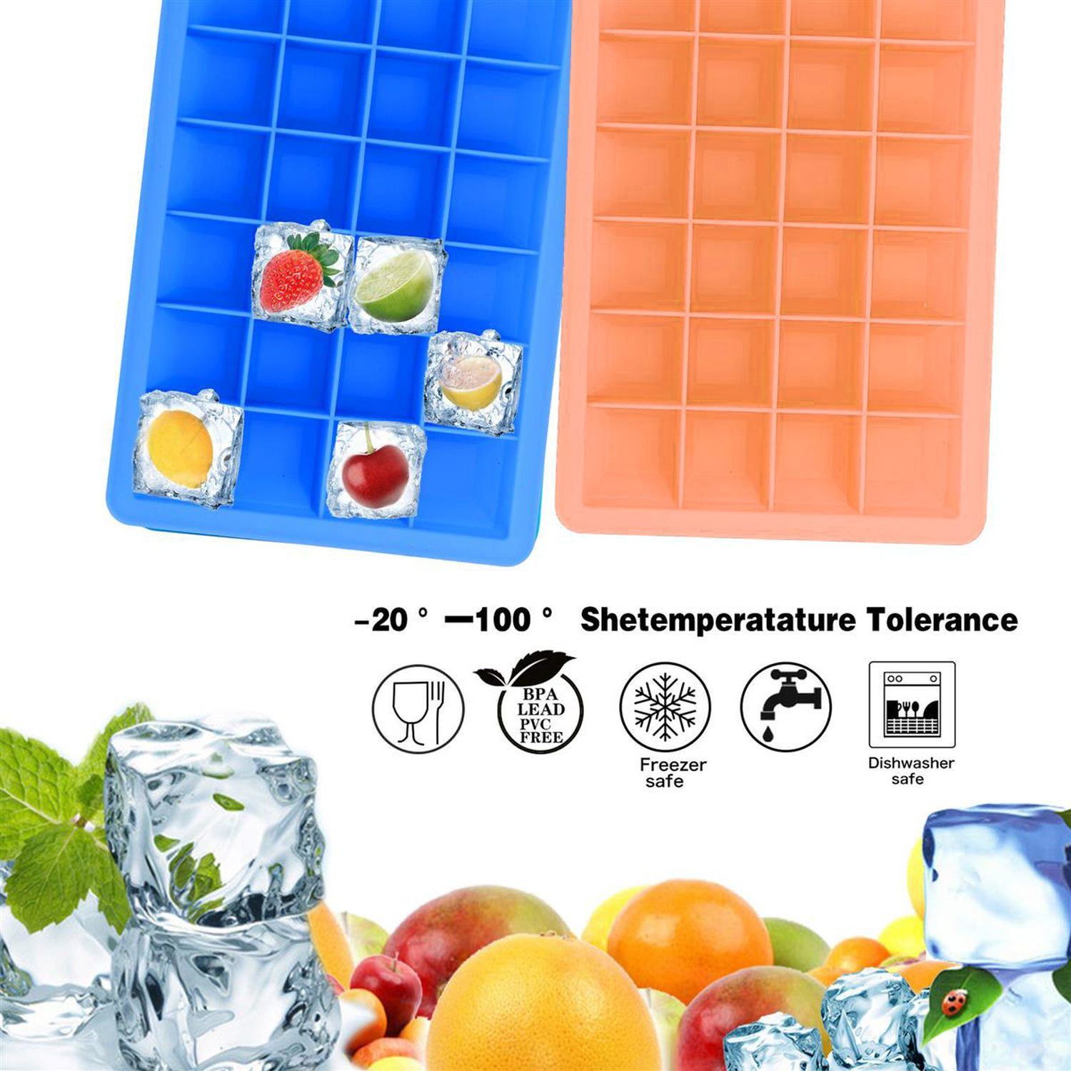 Zwei blaue und orangefarbene Eiswürfelbehälter. Einige Würfel haben Früchte. Text sagt Temperaturtoleranz.