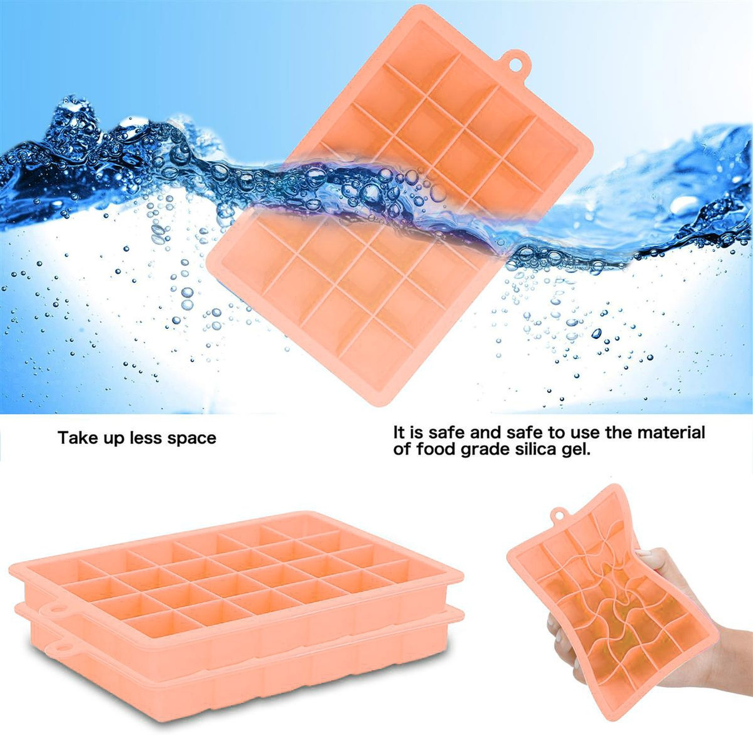 Orangefarbene Eiswürfelbehälter. Wasser wird über eine Schale gegossen. Die Behälter sind sicher.