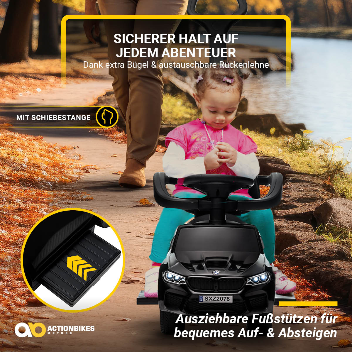 Ein schwarzes BMW-Spielzeugauto mit einem Kind, das sitzt, und Text über Funktionen.