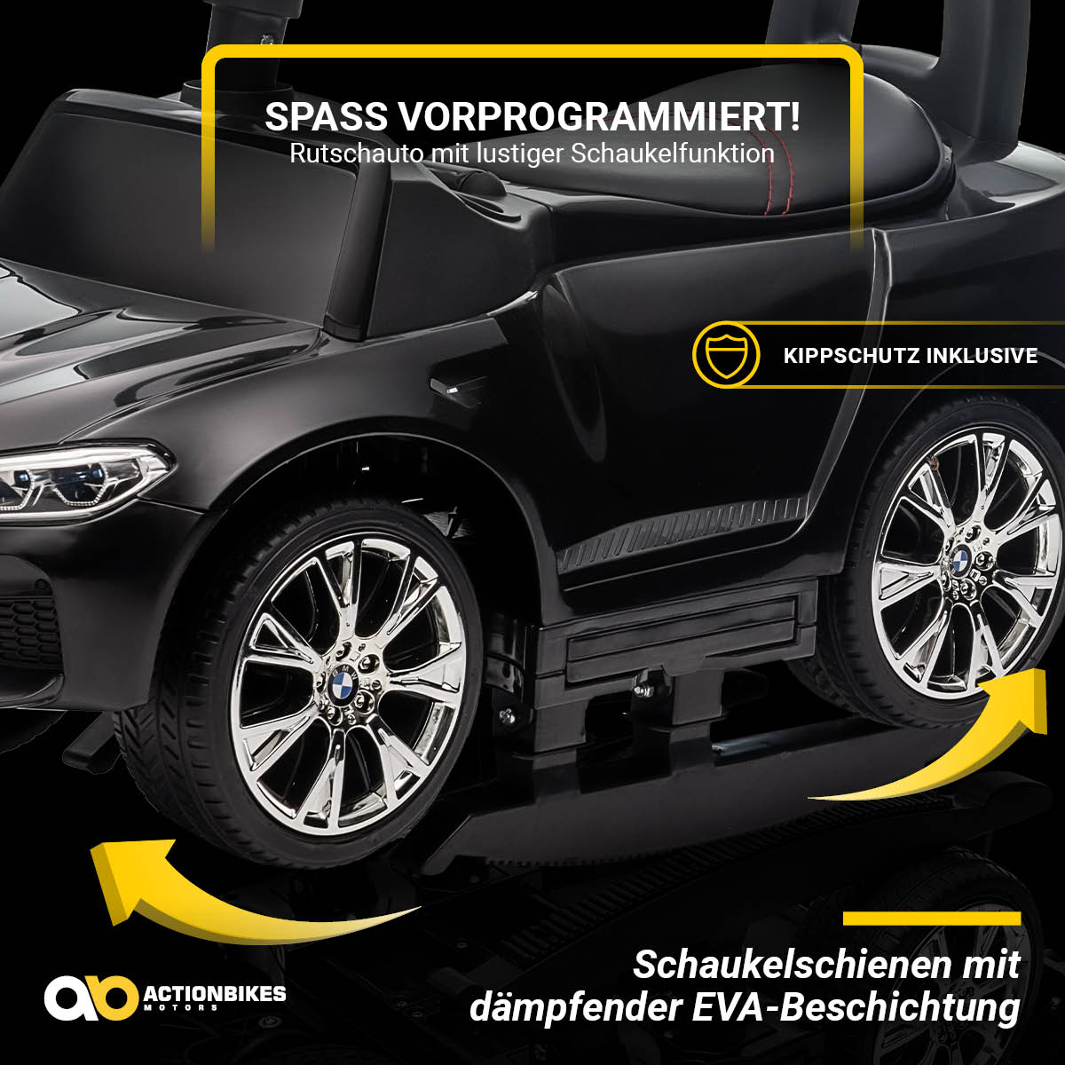 Ein schwarzes Spielzeugauto mit gelben Pfeilen, die auf die Räder zeigen. Text ist auf Deutsch.