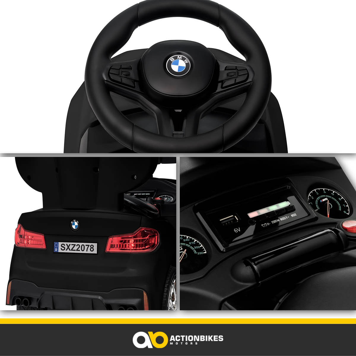Schwarzer Spielzeugauto-Innenraum mit Lenkrad, Armaturenbrett und Rücklichtern.
