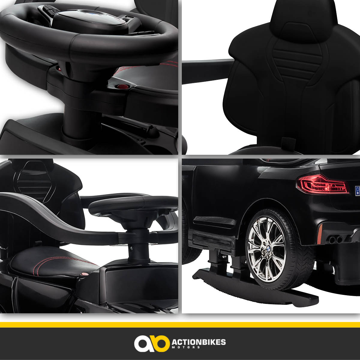 Ein schwarzes Spielzeugauto mit Details von Lenkrad, Sitz und Rädern.