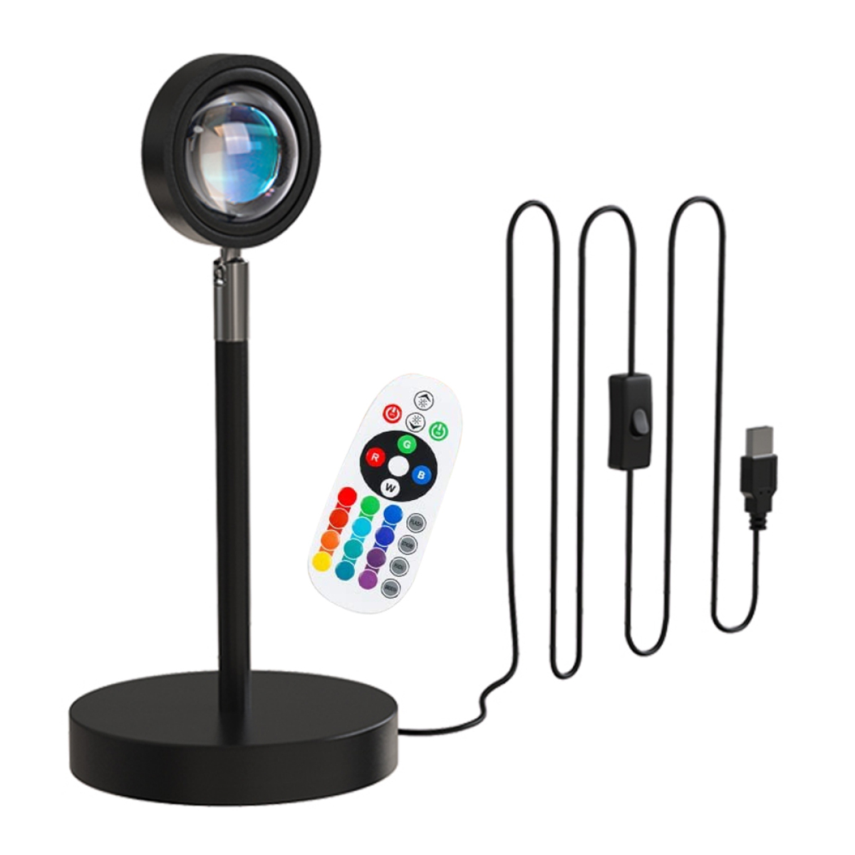 Sonnenuntergangslampe. Schwarzer Sockel und Stiel. Fernbedienung und USB-Kabel. Farbige Lichtemission.