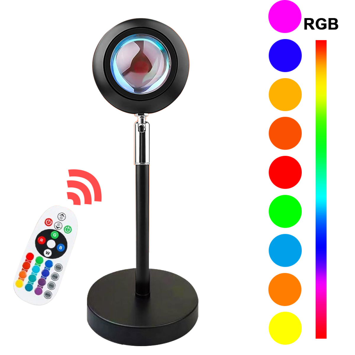 Eine schwarze Sonnenuntergangslampe mit Ständer, Fernbedienung und Farboptionen an der Seite. Die Lampe strahlt farbiges Licht aus.
