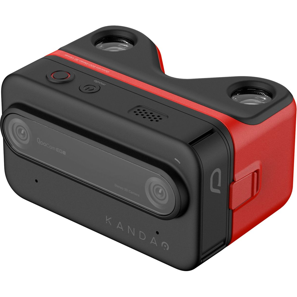 Schwarz-rote 3D-Kamera. Mehrere Objektive sind sichtbar. Modernes Design.