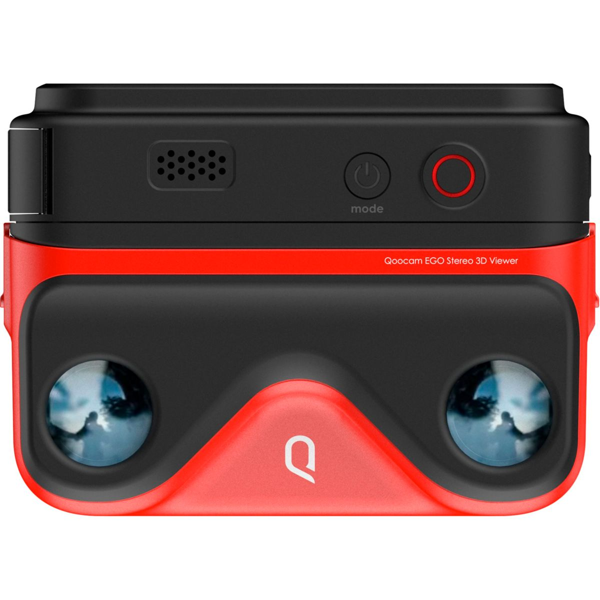 Rote und schwarze 3D-Kamera mit Objektiv, Ein-/Aus- und Modustasten.