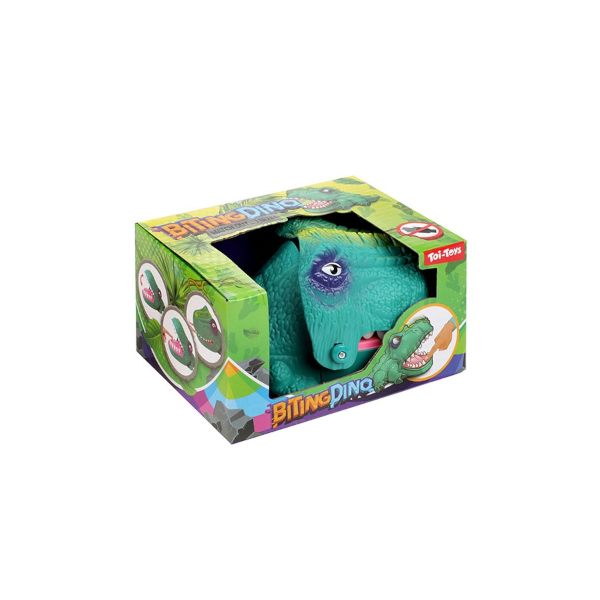 Box mit grünem Dinosaurier-Spielzeug. Dino grün mit blauem Kopf. Box: 'Biting Dino'.