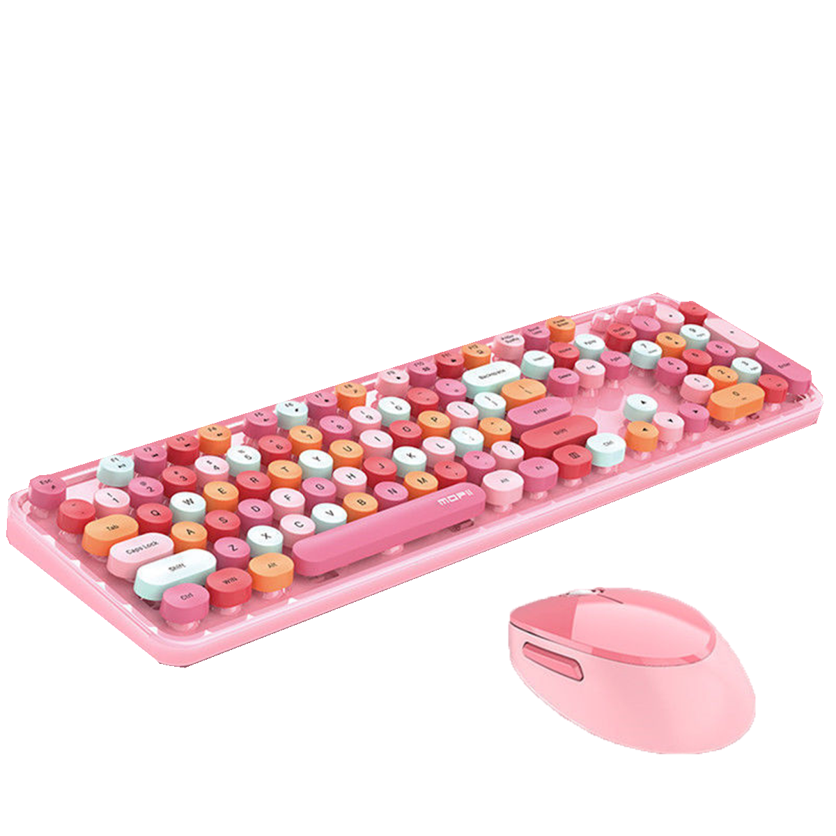 Juego de teclado y ratón rosa. El teclado tiene teclas redondas de varios colores.