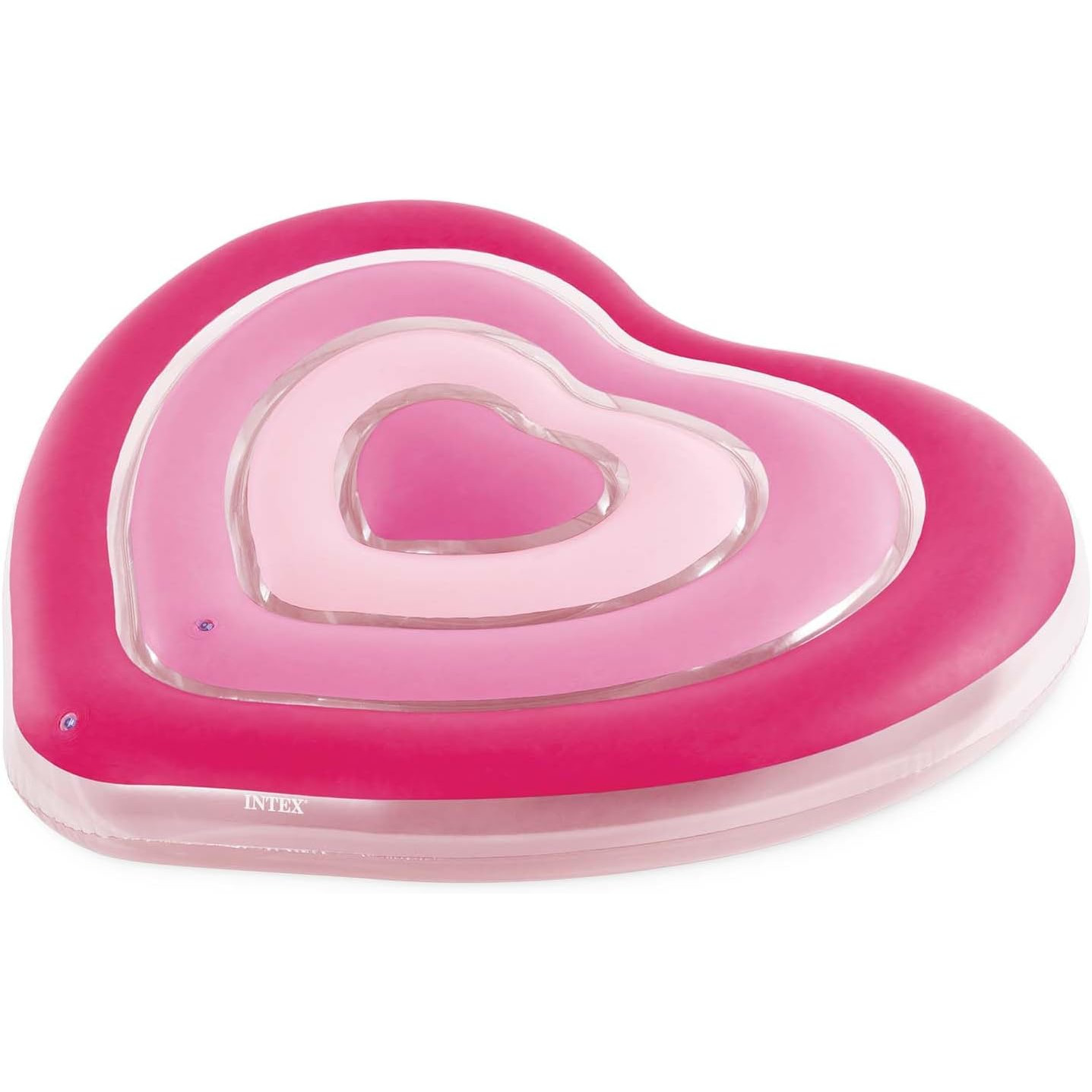 Herzförmiger aufblasbarer Poolschwimmer. Rosa Farbverlauf. Weißer Hintergrund.