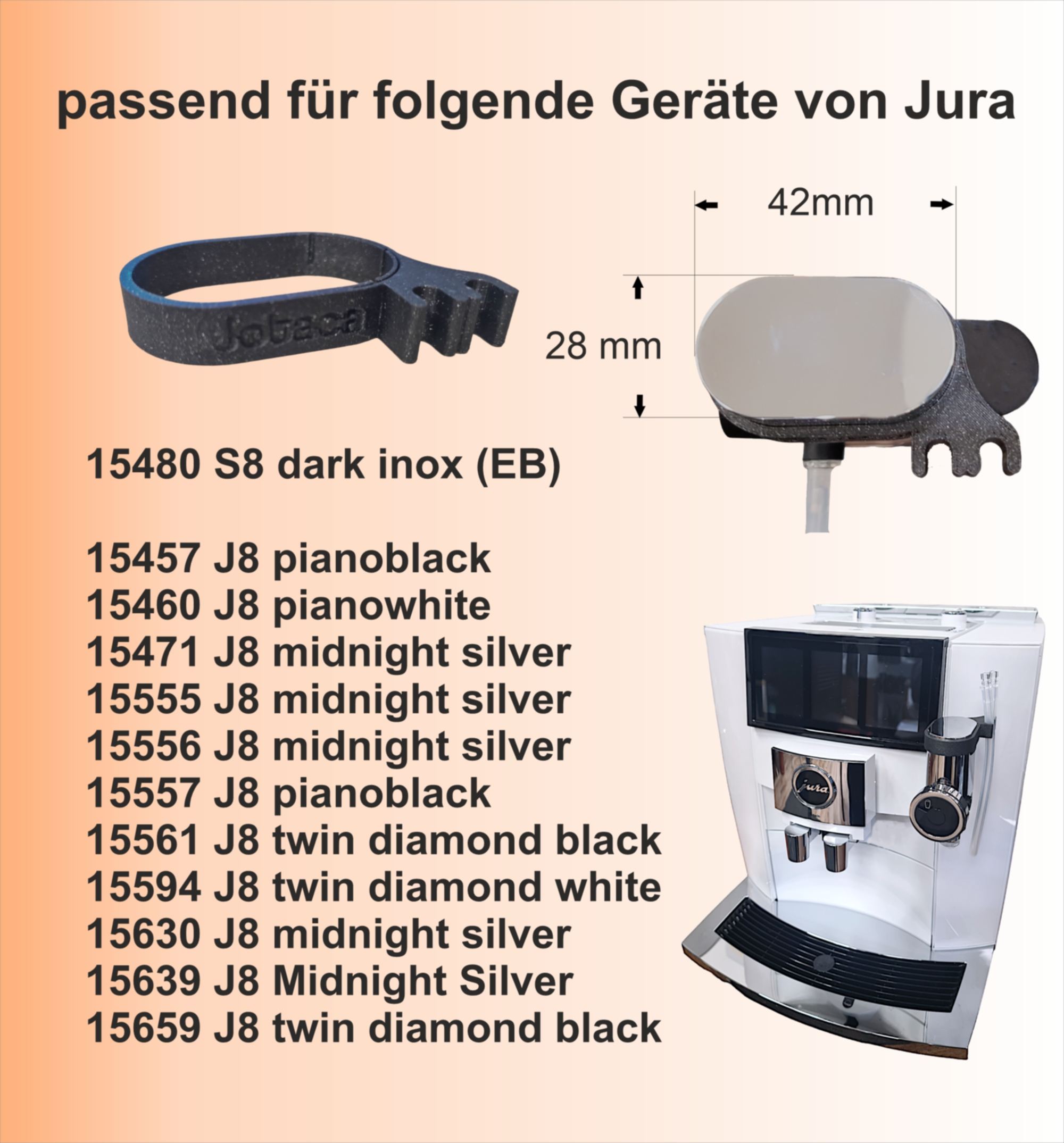 Schwarze Jura Kaffeemaschinenteile mit Etiketten und Abmessungen werden als Referenz angezeigt.
