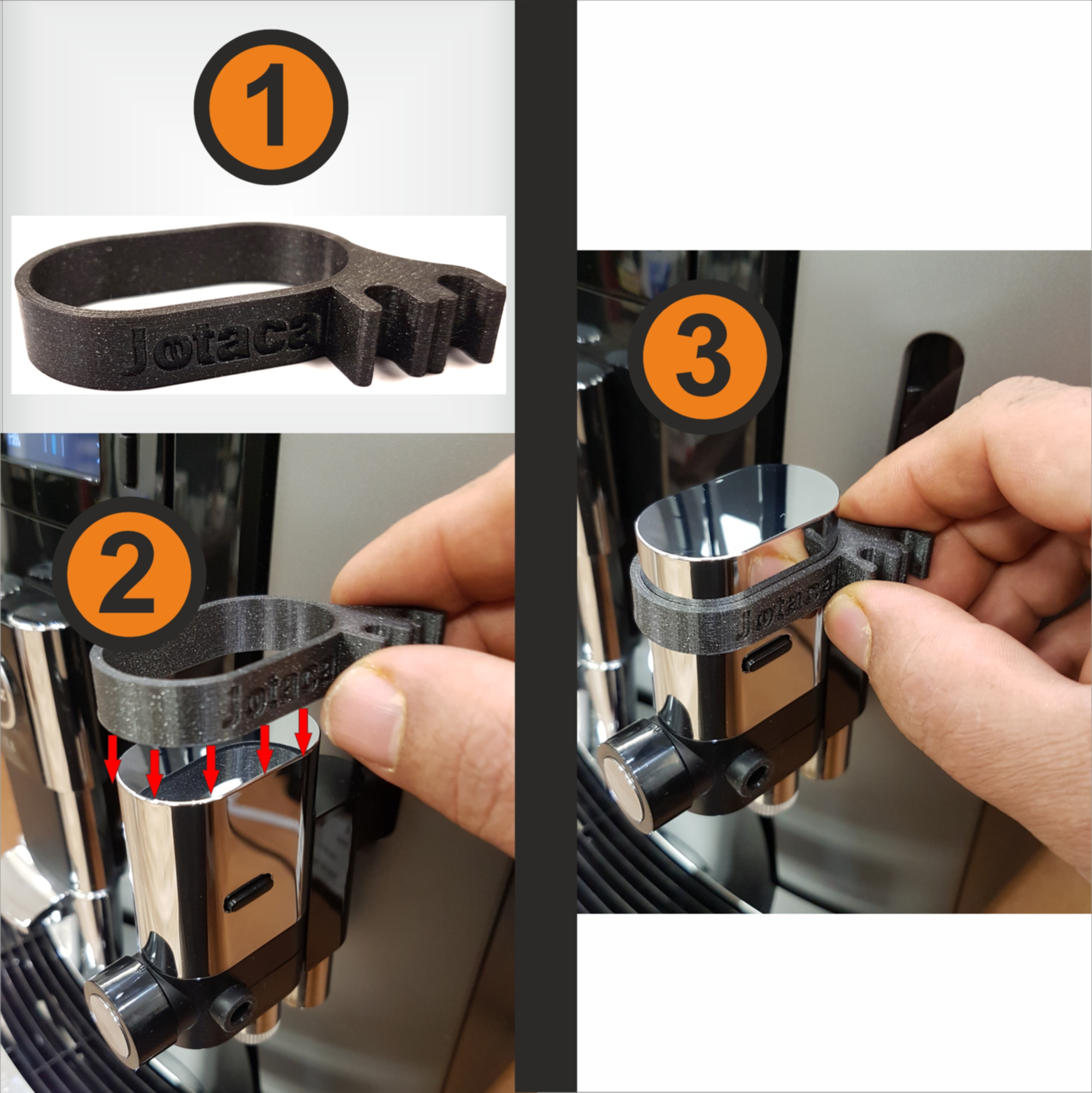 Hände installieren ein schwarzes Teil an einer Kaffeemaschine. 3 Schritte werden gezeigt.
