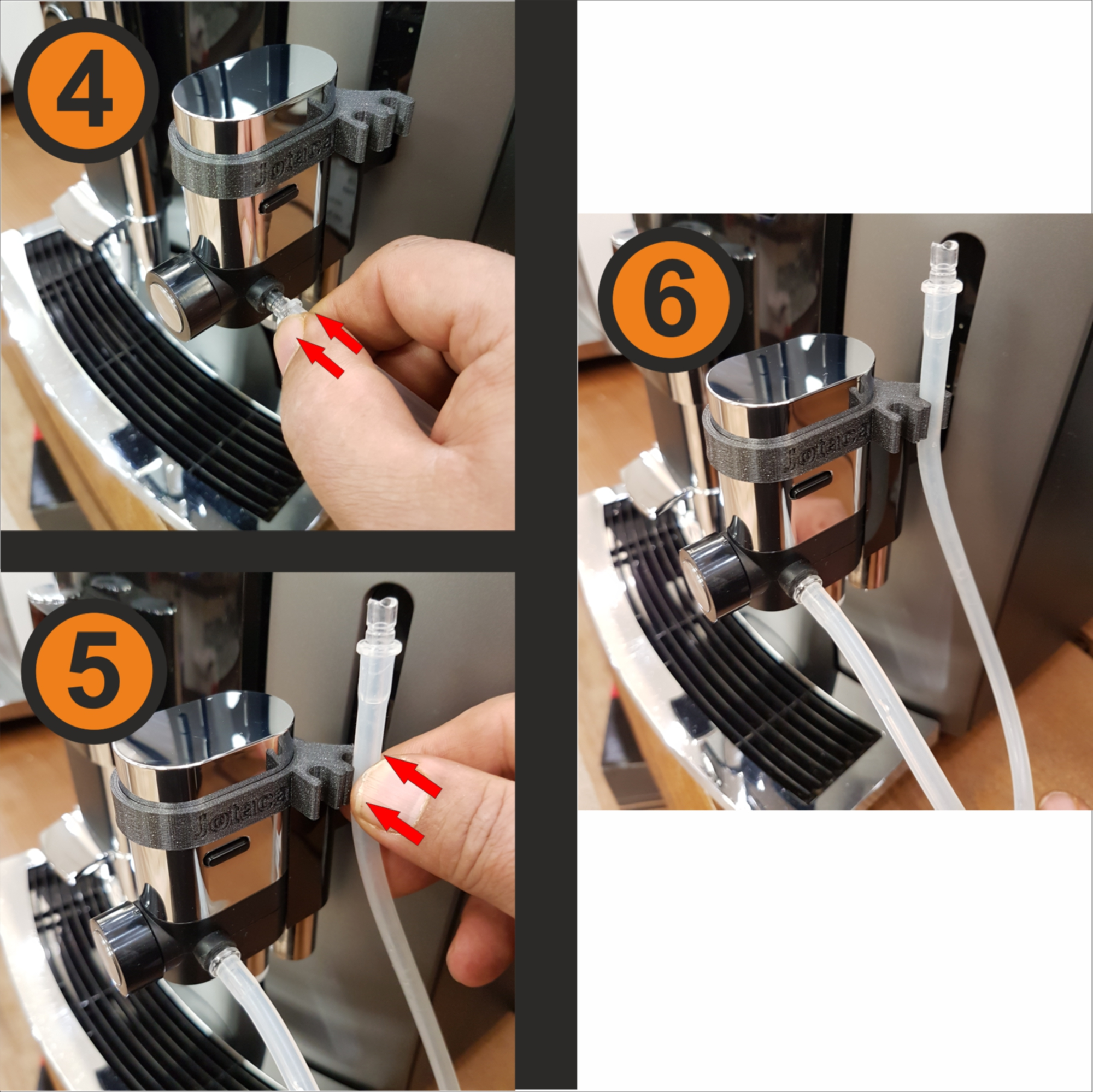 Eine Sequenz, die Schritte zum Abnehmen und Anbringen eines Teils an einer Kaffeemaschine zeigt. Hände und Pfeile sichtbar.