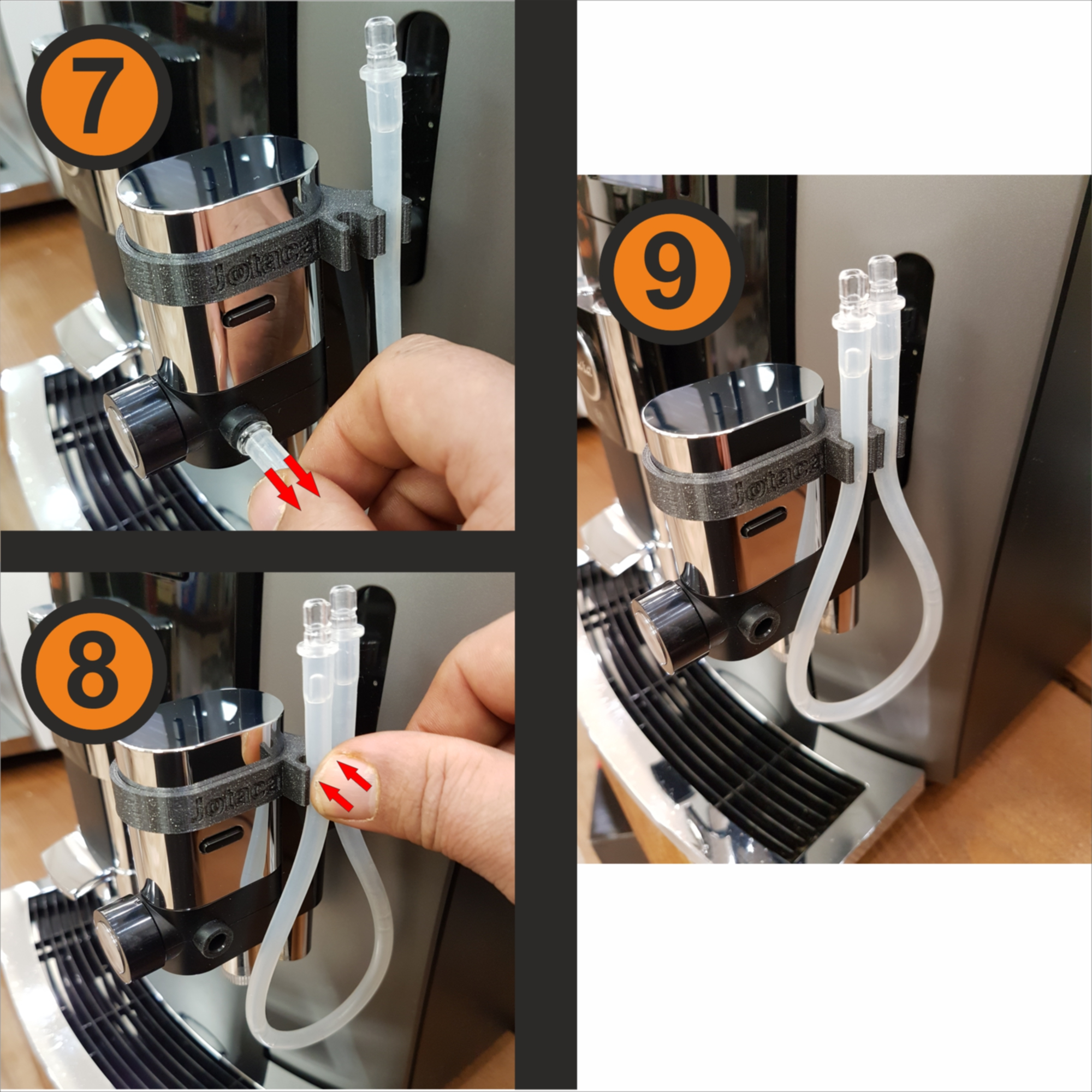Eine Bildfolge, die den Zusammenbau von Kaffeemaschinenteilen zeigt. Hände sind vorhanden.
