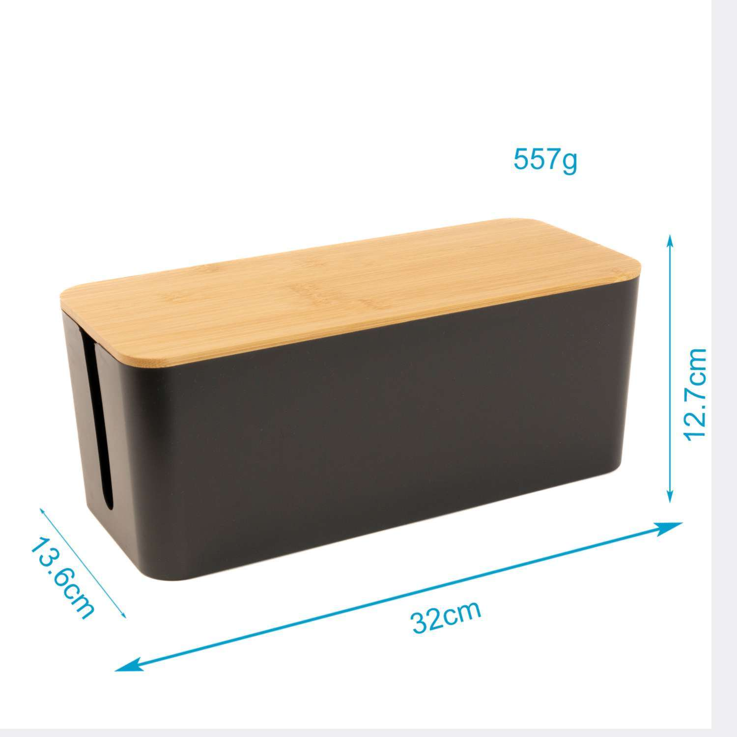 Schwarze Kabelbox mit Holzdeckel. Maße: 32 cm lang, 12,7 cm hoch und 13,6 cm breit.