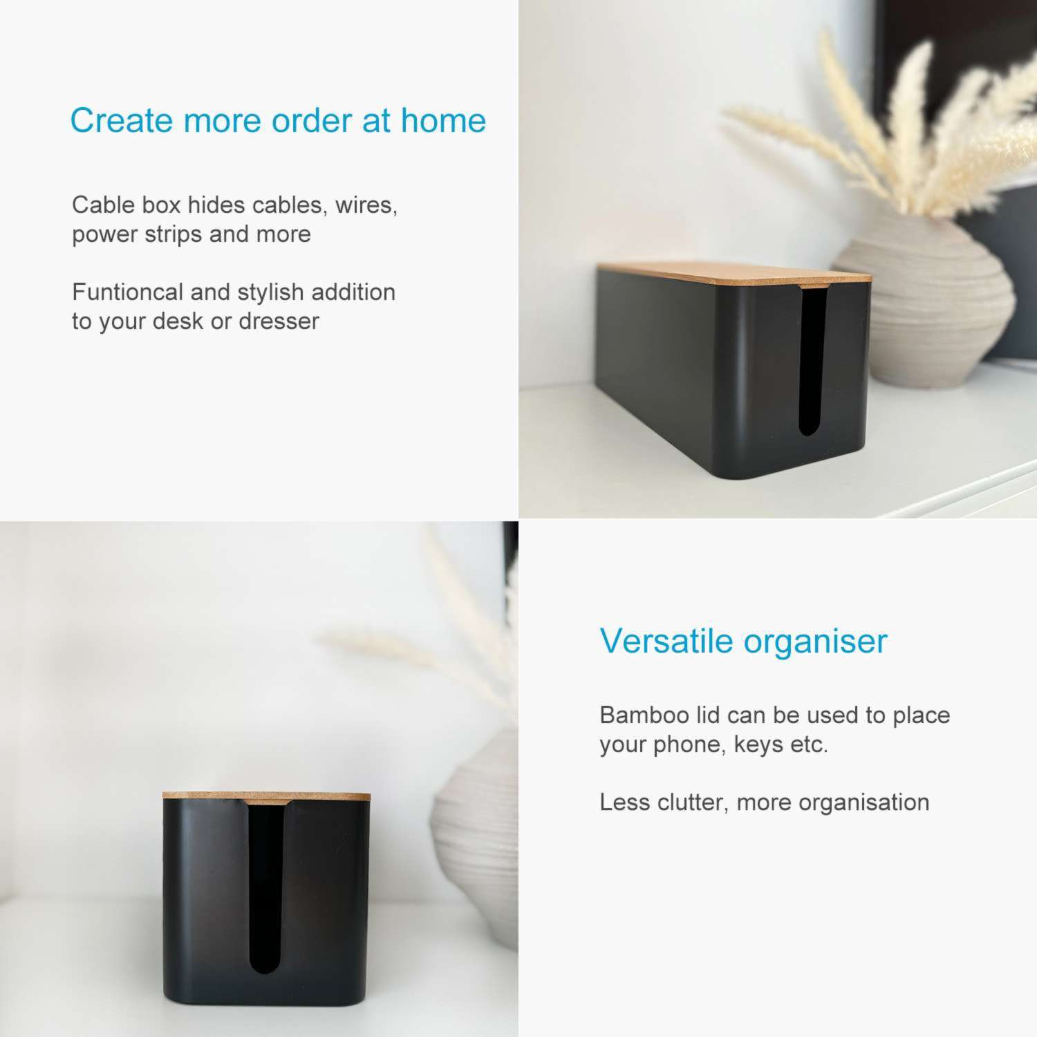 Kabelbox in einem Raum. Draufsicht und Seitenansicht der schwarzen Box. Text beschreibt die Box.