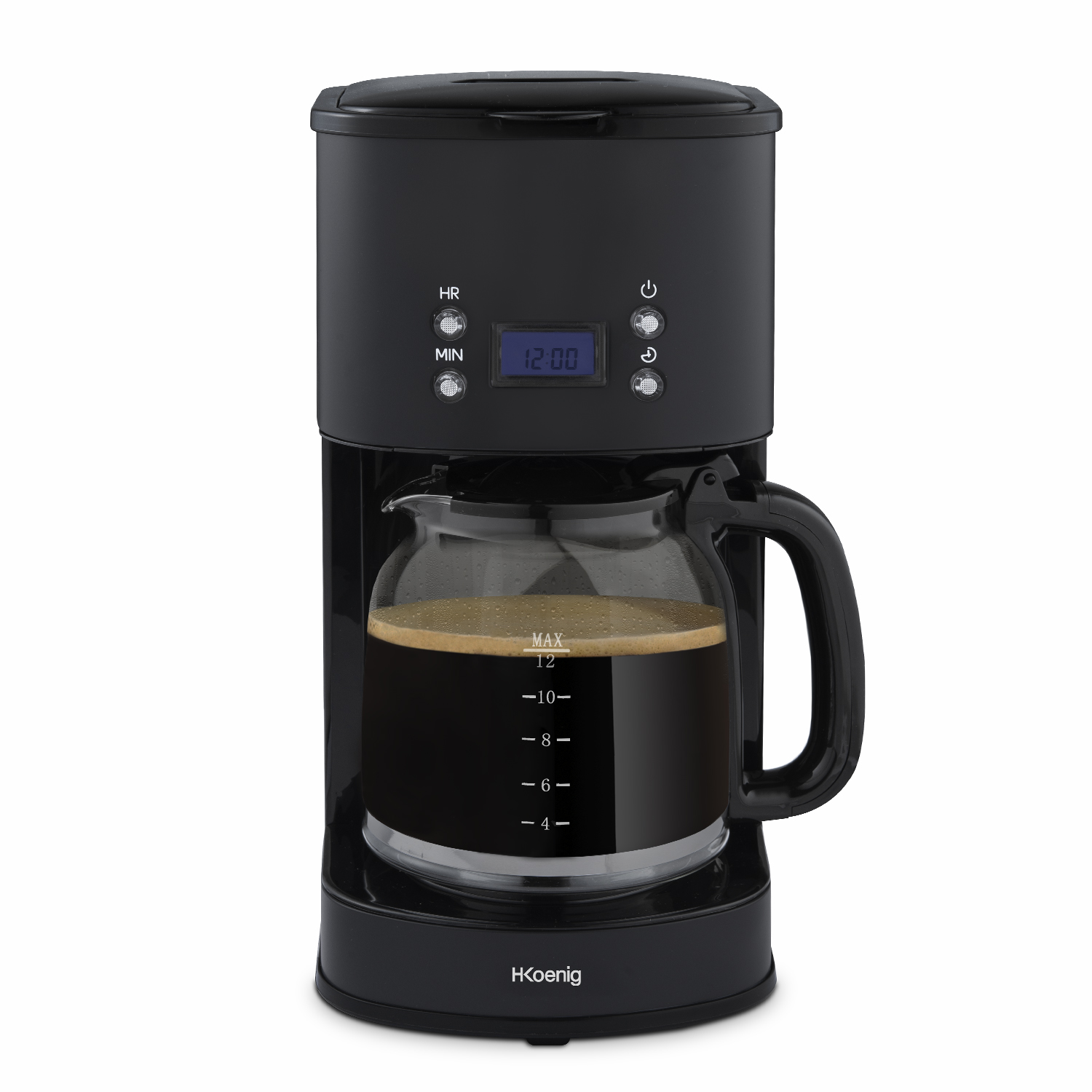 Zwarte koffiezetapparaat met een glazen kan. De kan heeft markeringen en bevat koffie.
