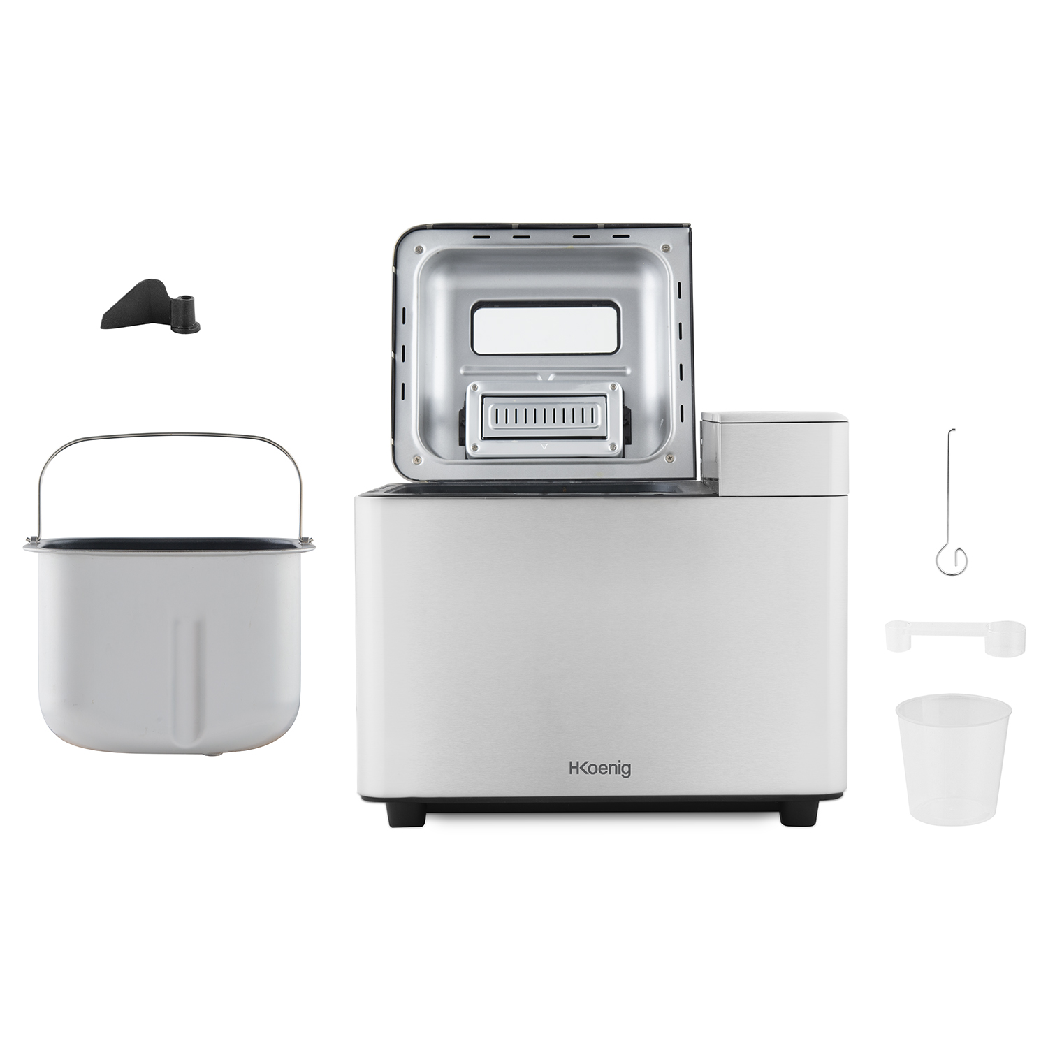 Macchina per il pane con accessori su sfondo bianco. Include secchio, lama e misurino.