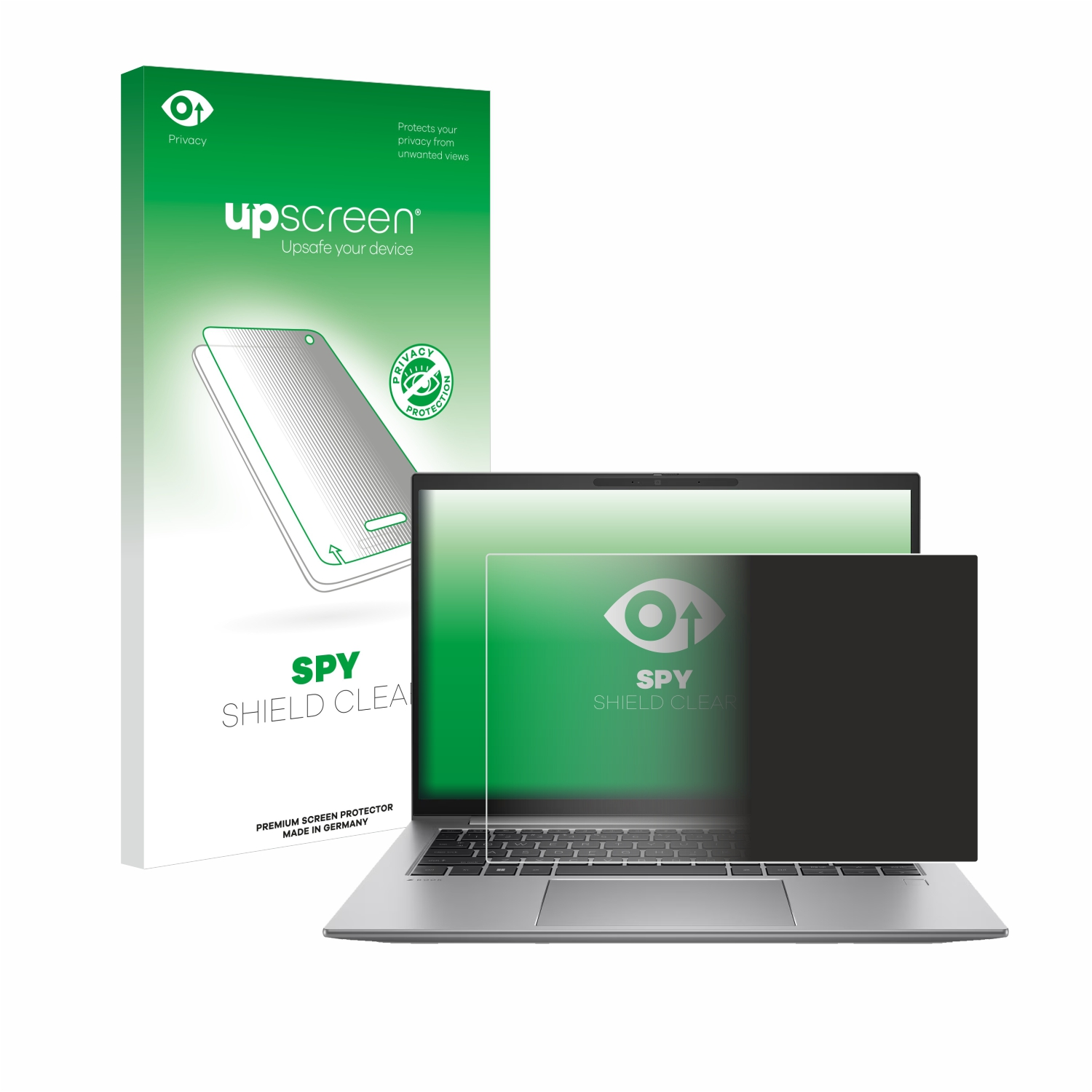 Laptop mit Displayschutzfolie, Box mit Markennamen und den Worten 'SPY SHIELD CLEAR'.