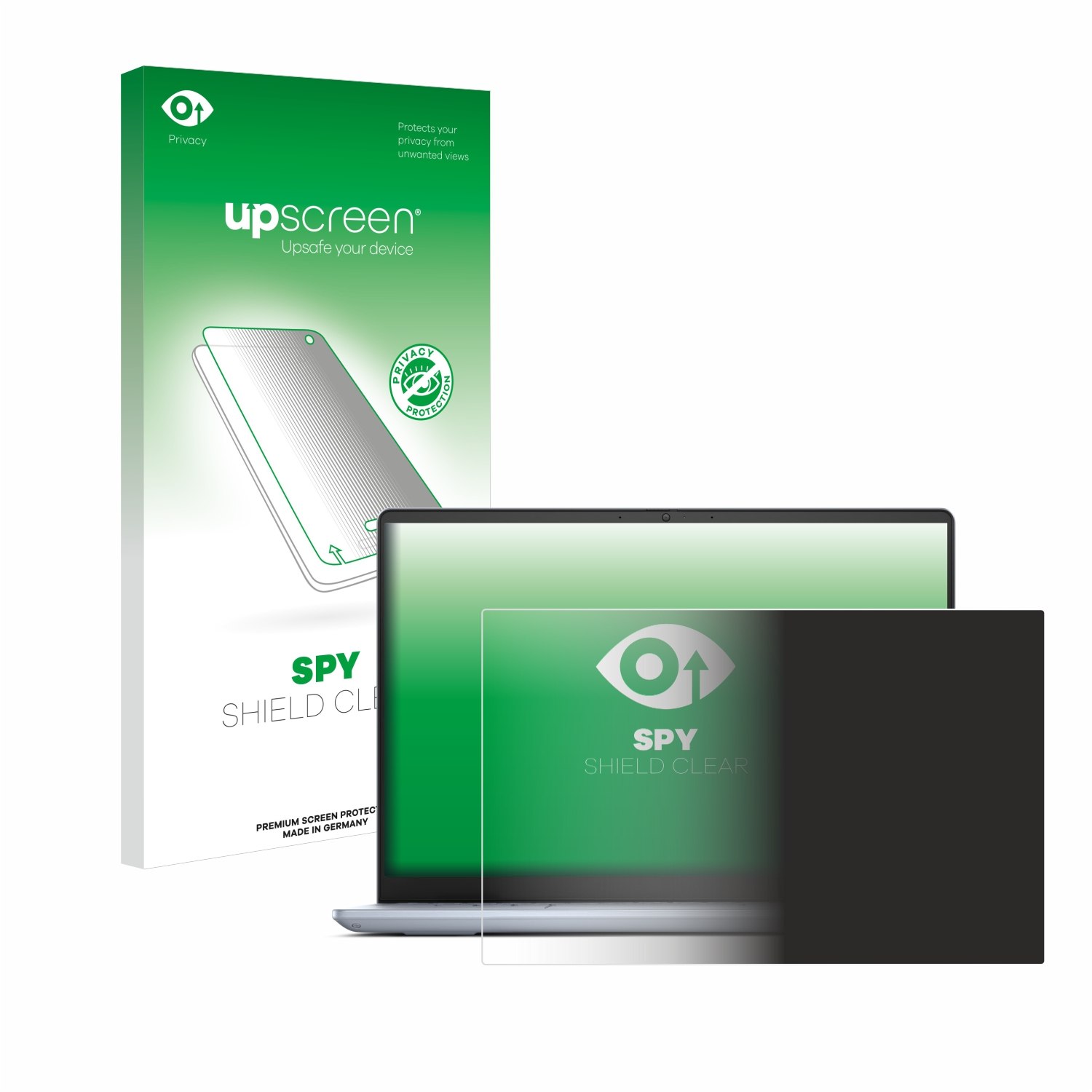 Displayschutzbox und Laptop mit angebrachtem Displayschutz.