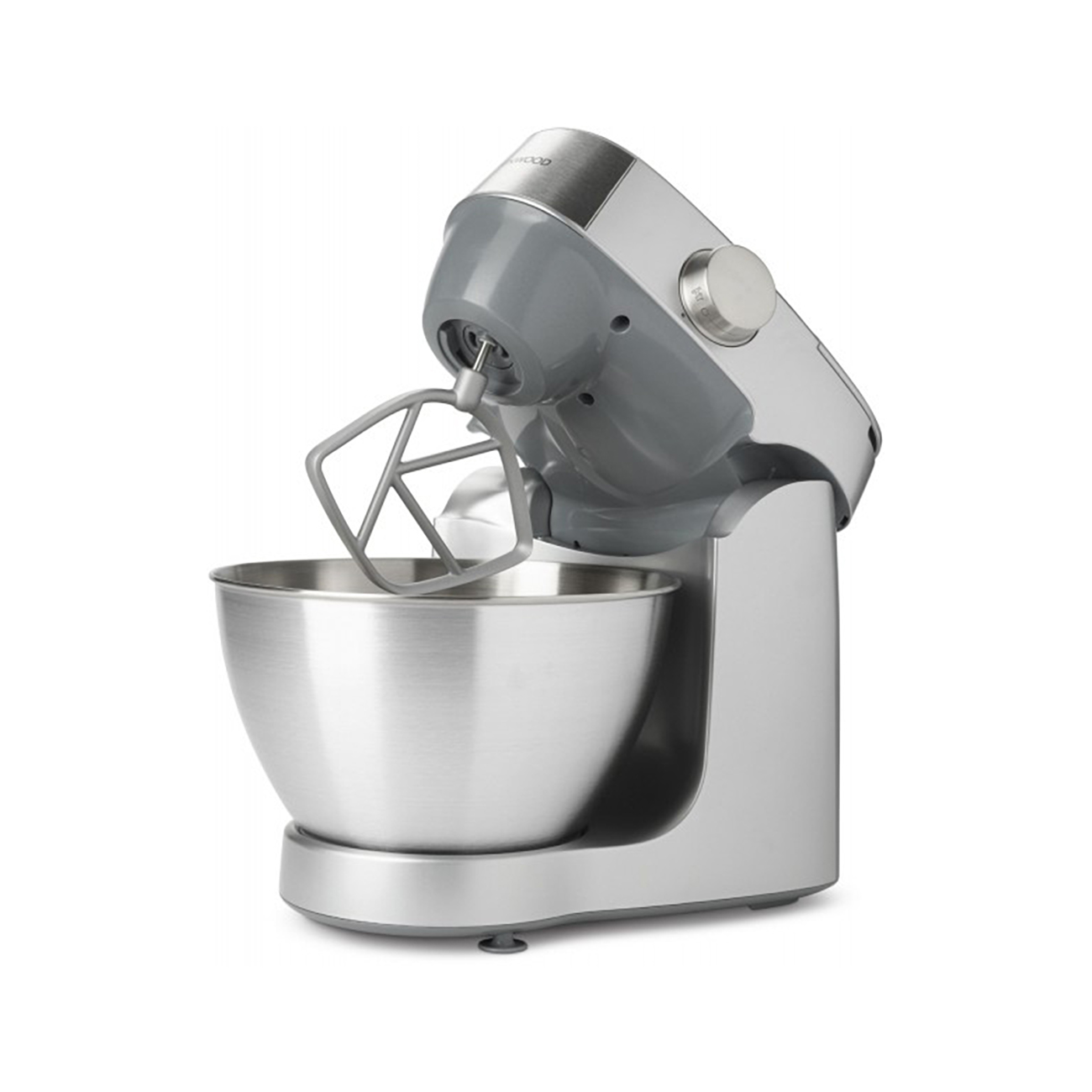Silber- und grauer Standmixer mit Schüssel und Mixkopf.